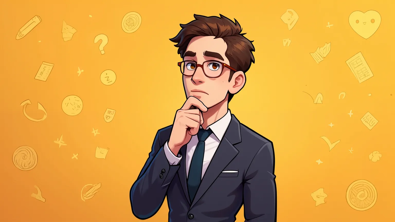 A flat digital illustration of a thoughtful male teacher standing against a warm yellow background filled with subtle educational icons like letters, question marks, books, pens, and speech bubbles. He has short dark brown hair, wears round glasses, and is...
