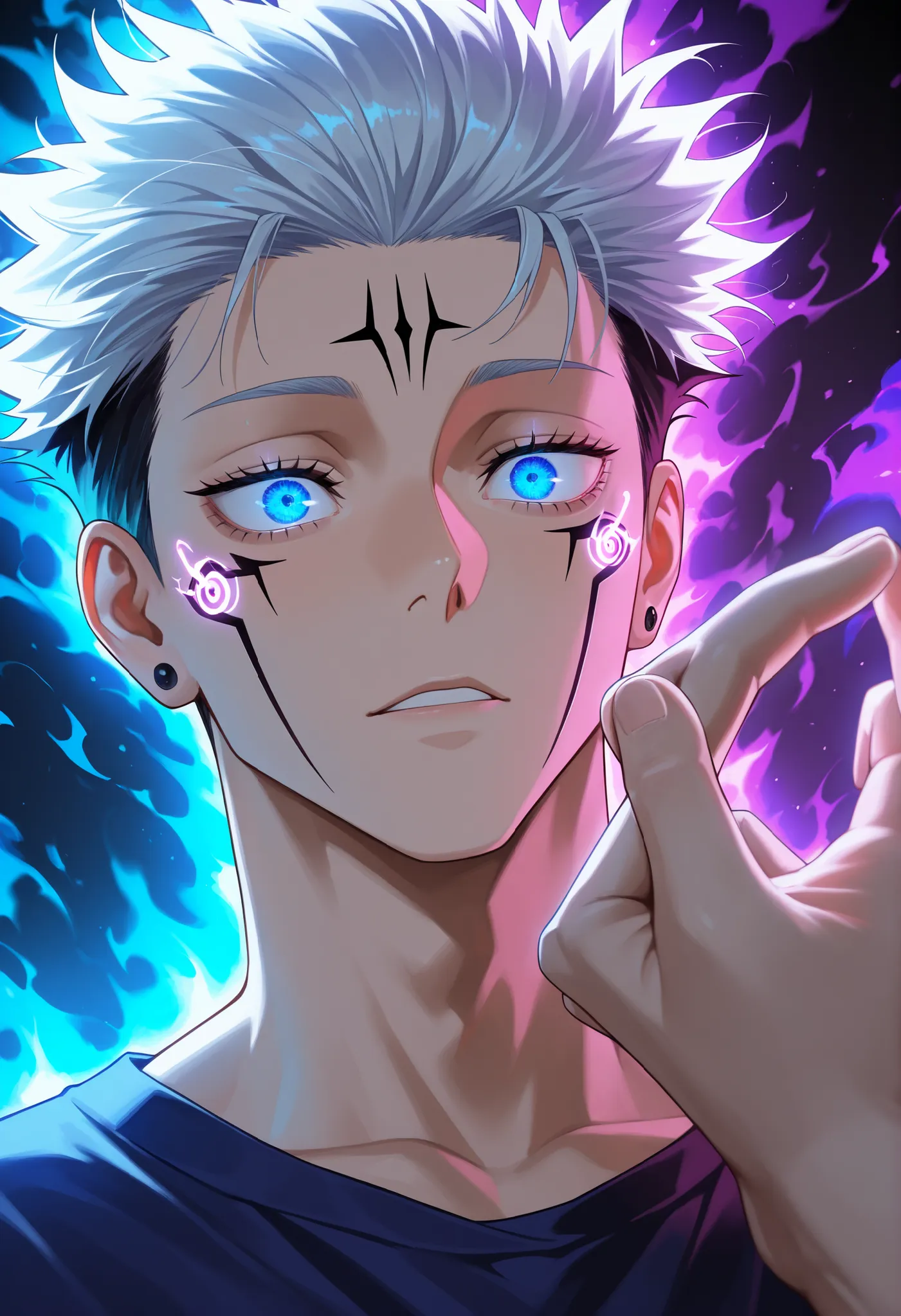 "A hyper-detailed, close-up portrait of Satoru Gojo from Jujutsu Kaisen, from the chest up. His spiky white hair is glowing with an intense blue and purple aura, illuminating his face. His piercing, electric blue eyes are wide open and glowing with immense...
