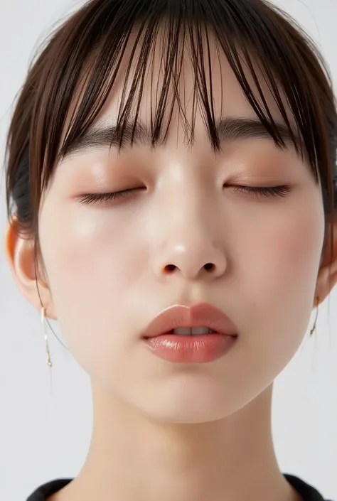 ultra-detailed close-up of a beautiful girl, collarbone-up composition, white studio background, soft natural lighting, slightly elevated camera angle (around 35 degrees), full face and head visible in frame, chin slightly raised, eyes gently closed, deepl...