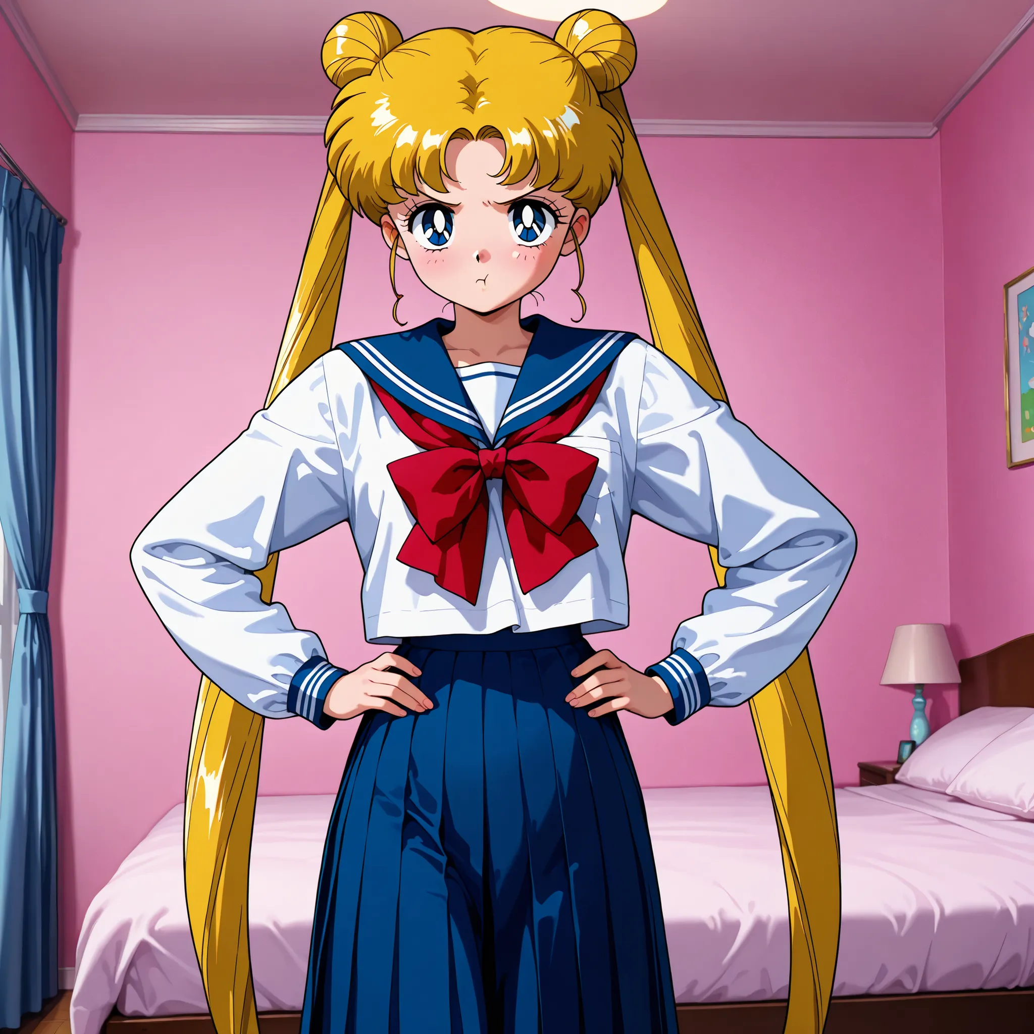 masterpiece, amazing quality, best quality, ultra-detailed, 8K, illustration, clear skin, ultra-detailed-eyes, soft skin, very awa, very as2,  soft body, 1990s \(style\), official art, lil girl, usagi tsukino, blonde hair, blue eyes, double bun, hair bun, ...