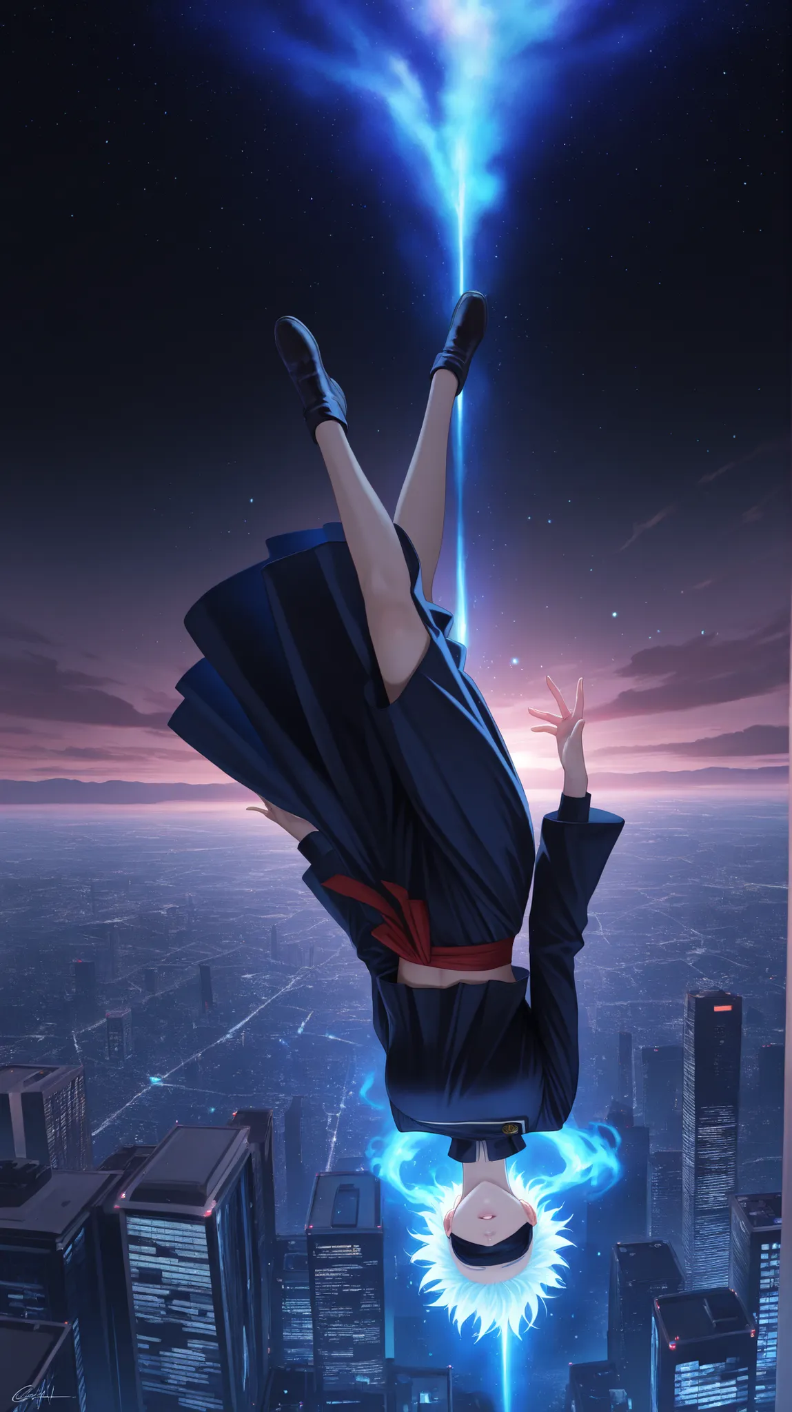 "A breathtaking, high-resolution digital painting of Satoru Gojo from Jujutsu Kaisen. He is depicted in his signature blindfold and dark attire, suspended in mid-air high above the Earth. A swirling vortex of brilliant blue cosmic energy emanates from and ...