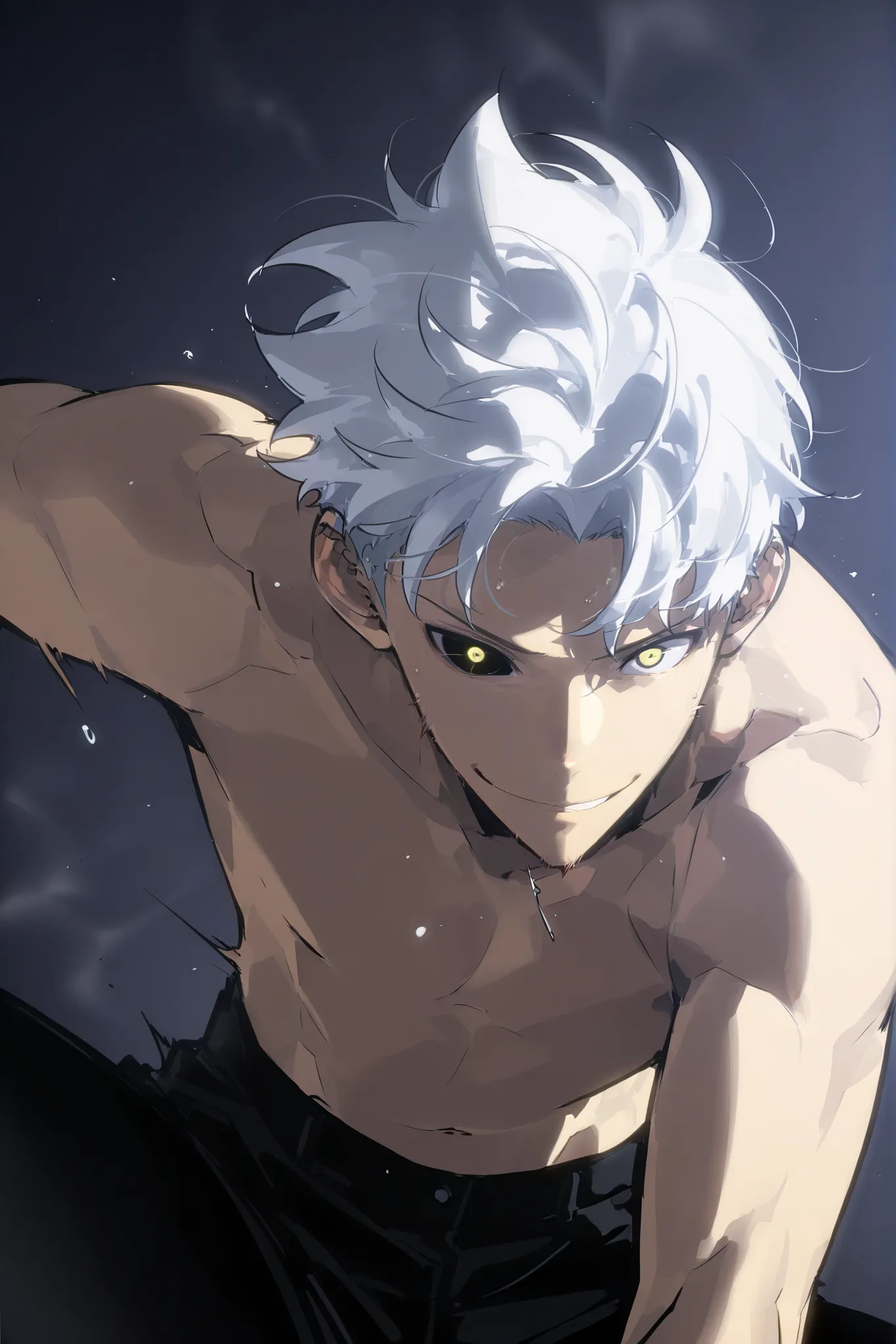 handsome, athletic, single, male, short spiky hair, long white hair, black yellow eye, no shirt, black pants, , complex sketch, expressive eyes, nose and mouth, perforation, small satisfied smile