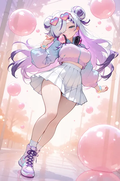 koujuan, piotegu, which_(Very beautiful), say_work, pastel colors, Pink Theme, orange theme, purple theme, masterpiece, best quality, amazing quality, absurdres, ultra-detailed, very aesthetic, cinematic, cinematic shadows, cinematic composition, vibrant colors, beautiful face, beautiful eyes, 1girl, Gojo Monika, white hair, very long hair, braided bun, double bun, hair over right eye, ((one eye coVered)), Braided bangs, blue eyes, intricate eye iris, detailed eyes, colored eyelashes, white eyelashes, large breasts, petite, curvy, very cute, beautiful, cool, double bun, multicolored hair, streaked hair, hair streaks, (purple hair streaks), Glossy lips, fashion, streetwear fashion, cropped jacket, pleated skirt, sneakers boots, sunglasses on head, heart-shaped eyewear, heart (symbol), purple ribbons, headphones around neck, Colorful bracelets, Alone, full body, looking at viewer,  smile, ((pose)), dynamic pose, dynamic angle, ((cute stylish girl blowing a big bubblegum bubble, expression: playful and confident, vibrant colors, cheerful mood, fun composition, soft and glossy, candy-like atmosphere, dreamy scene filled with floating bubble gum balloons of various pastel colors)), glowing, glowing_effect, sparkling, particles, SPARKLE_effect, light_particles, GLITTER, GLITTER_effect, bokeh, light_bokeh, light_reflection