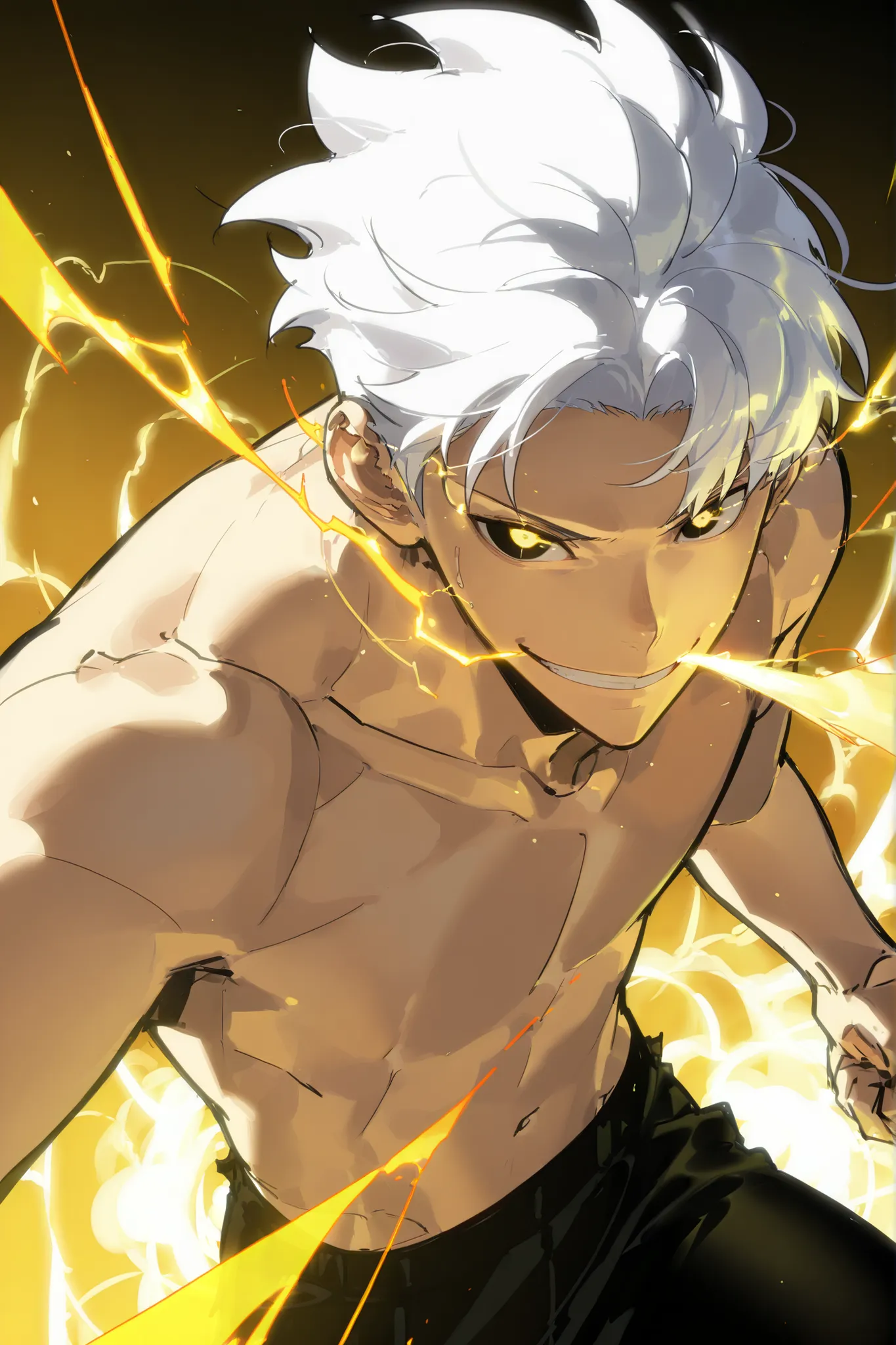 handsome, athletic, single, male, short spiky hair, long white hair, black yellow eye, no shirt, black pants, , complex sketch, expressive eyes, nose and mouth, perforation, small satisfied smile, Orange electricity, ripped