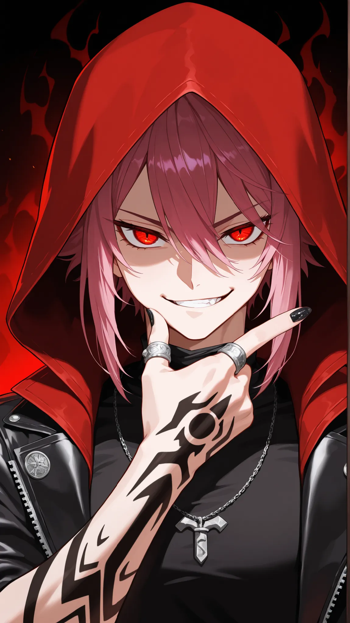 Ominous and charismatic anime villain sucuna, close-up portrait from his chest up. He has bright spiky purple or pink hair, intensely glowing demonic red eyes and striking tribal black markings, resembling , all over the face (a slightly chaotic atmospher...