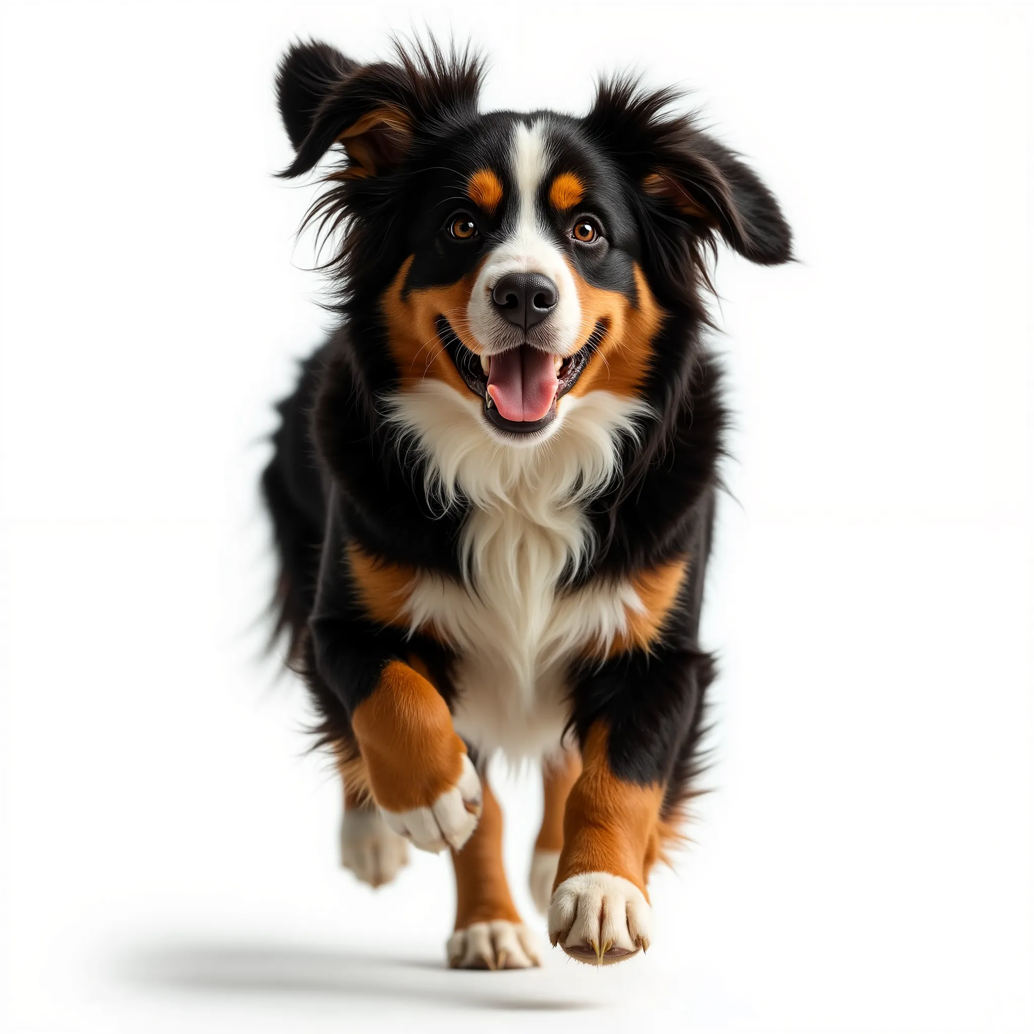 Photorealistic image of a Bernese Mountain Dog running toward the camera on a clean white background. The dog is mid-stride with ears flapping and fur in motion, looking excited and focused. Sharp focus on the face, slight motion blur on paws, natural stud...