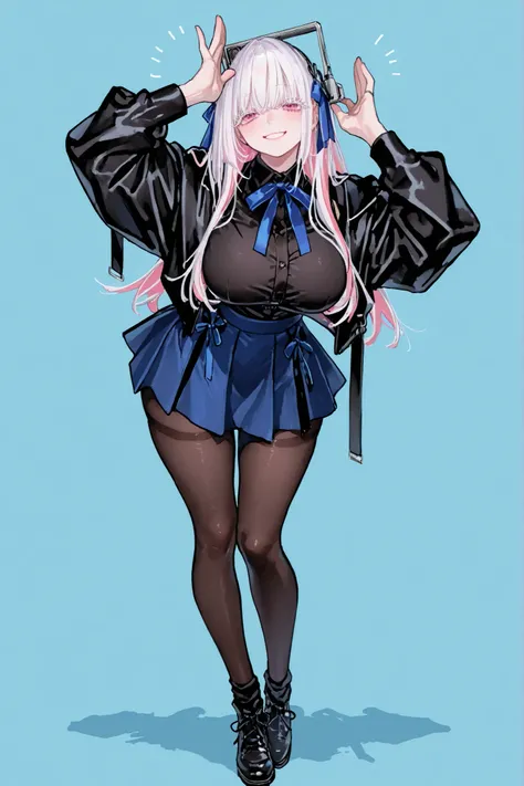   8k wallpaper、    top quality 、masterpiece、   748cm スThailandル   、    woman 1 person、ribbon、  skirt、  Black Jacket 、  pantyhose、 black shirt、 black knee socks 、rororogi mogera、 style strap 、 Thailand、blue skirt、  pantyhose、、white hair with pink lines、whit...