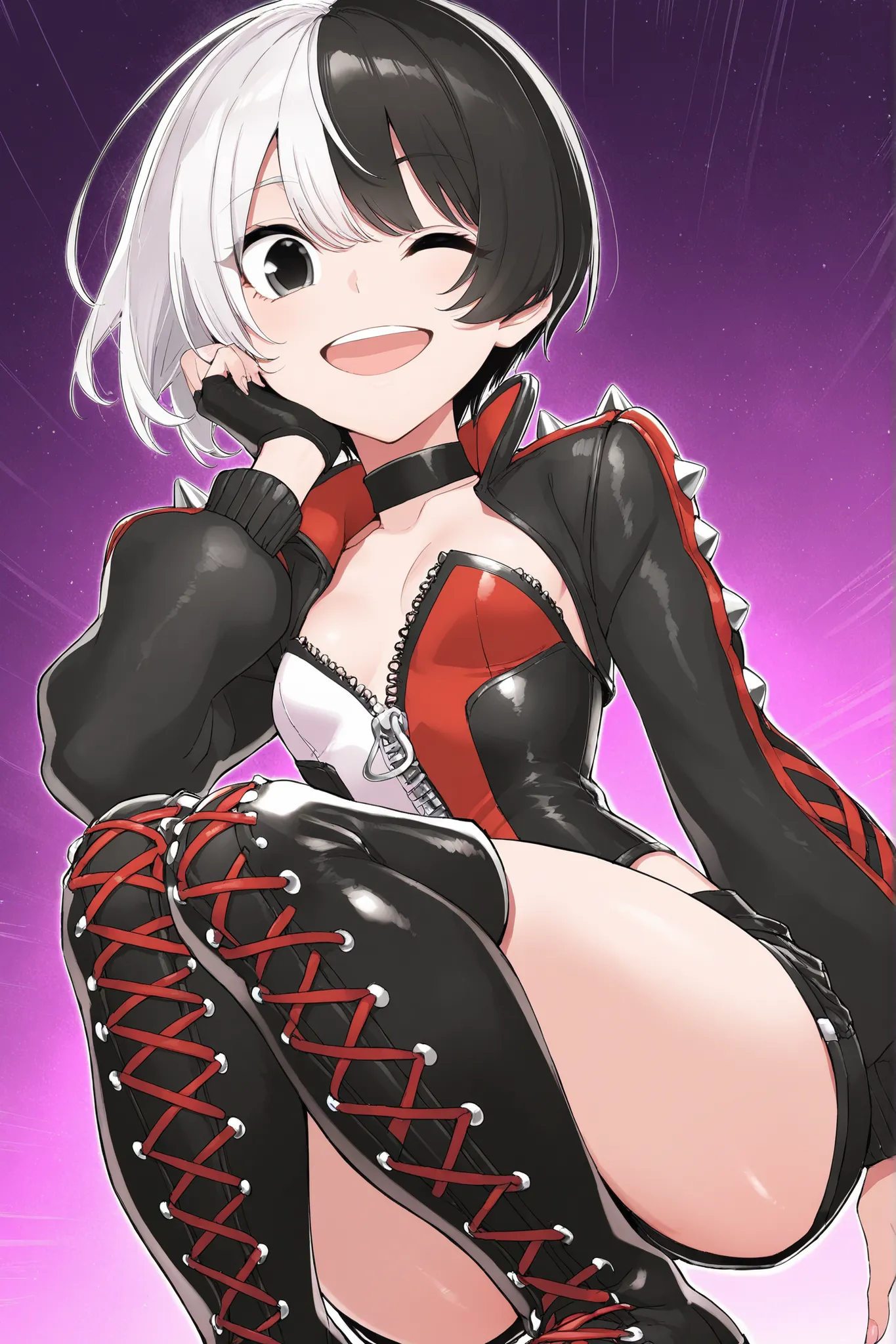 masterpiece, best quality, high detail, sharp lines,

1girl, solo, megumegu, petite, small breasts, black eyes,

very short hair, two-tone hair, dark gray and white hair,

black choker,
(strapless corset, split color corset, red and black corset, sweethear...