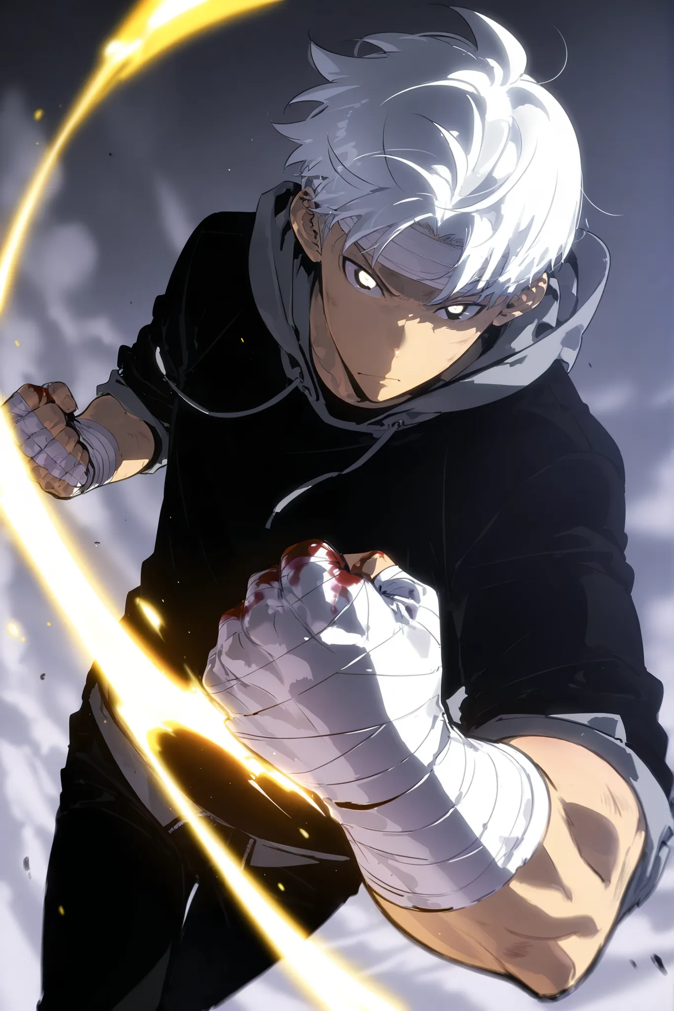 Handsome, Athletic, alone, male, Short spicky hair, long white hair, black orange eye, black shirt, white orange and black unzipped hoodie with rolled up sleeves, black pants, , intricate sketch, expressive eyes nose and mouth, simple pose, clench fist, bl...