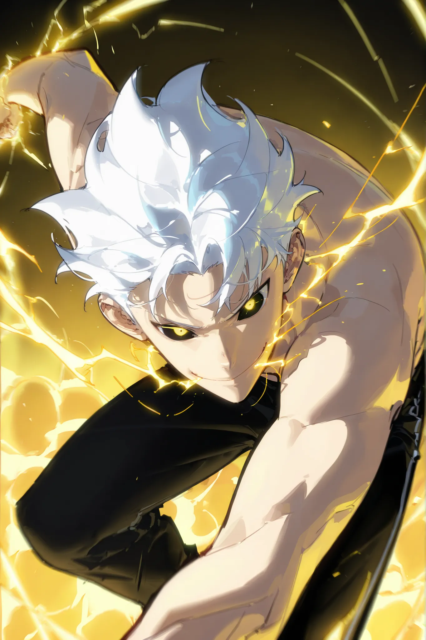 handsome, athletic, single, male, short spiky hair, long white hair, black yellow eye, no shirt, black pants, , complex sketch, expressive eyes, nose and mouth, perforation, small satisfied smile, Orange electricity, Athletic body, Slightly venous