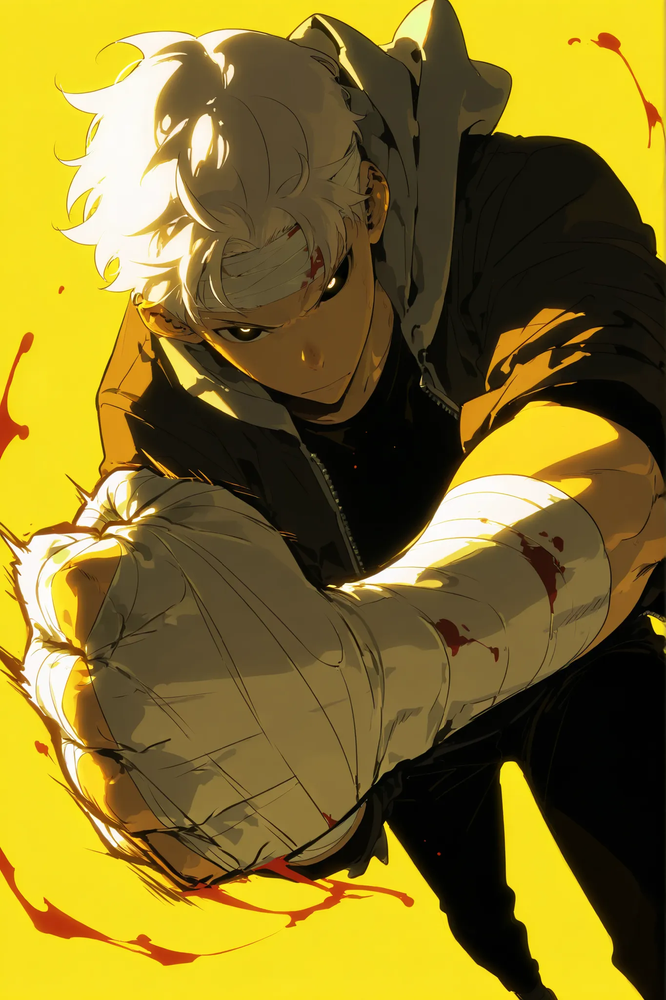 Handsome, Athletic, alone, male, Short spicky hair, long white hair, black orange eye, black shirt, white orange and black unzipped hoodie with rolled up sleeves, black pants, , intricate sketch, expressive eyes nose and mouth, simple pose, clench fist, bl...
