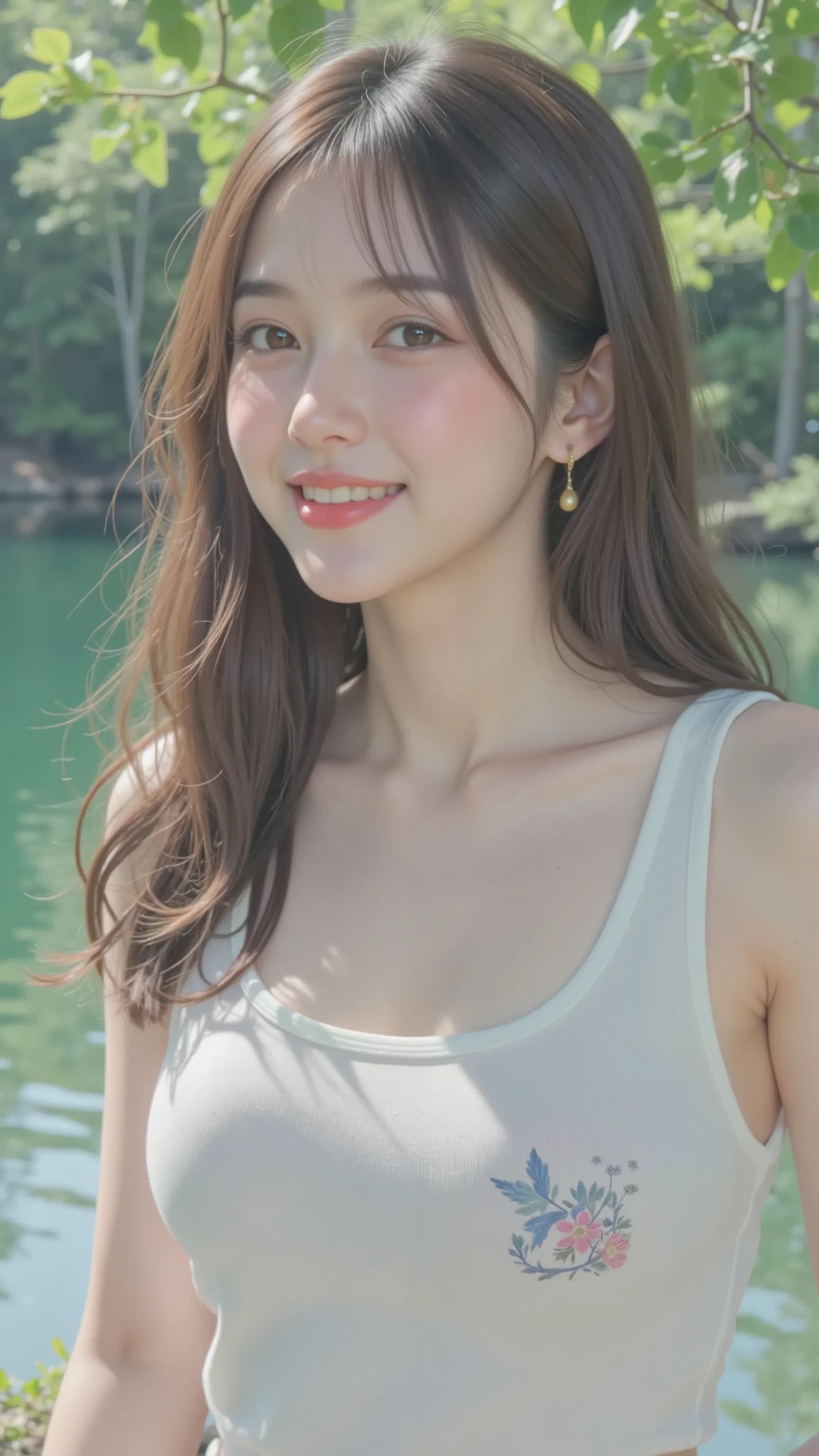 womanhood ,  Japan, Asian,Chest wearing a lightweight t-shirt ,  engraved with loud bass and black rubber boots . Her Smile is warm and genuine,  celebrating her capture . 背景にteeth、There is a quiet forest lake with vivid greenery reflected in clear water.u...