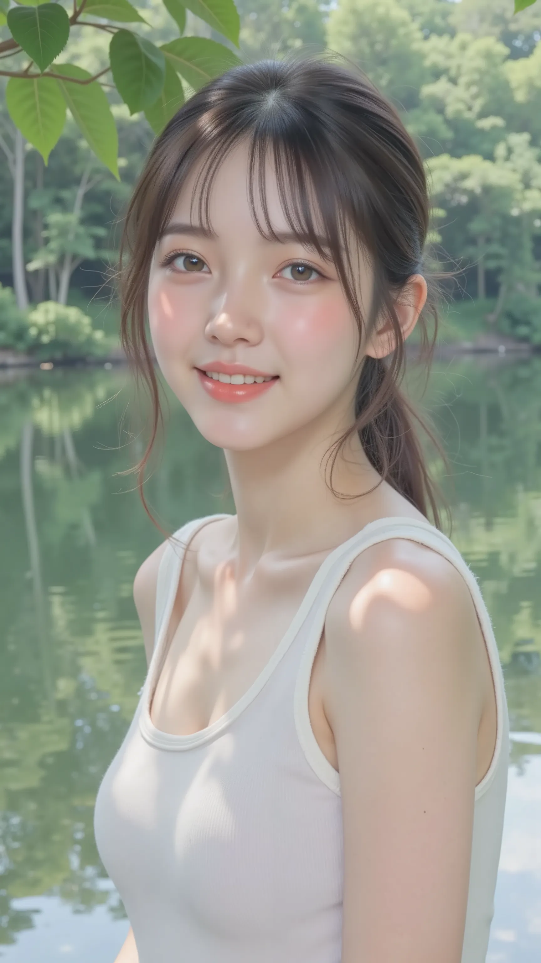 womanhood , Japan, Asian,Chest wearing a lightweight t-shirt , engraved with loud bass and black rubber boots . Her Smile is warm and genuine, celebrating her capture . 背景にteeth、There is a quiet forest lake with vivid greenery reflected in clear water.u...