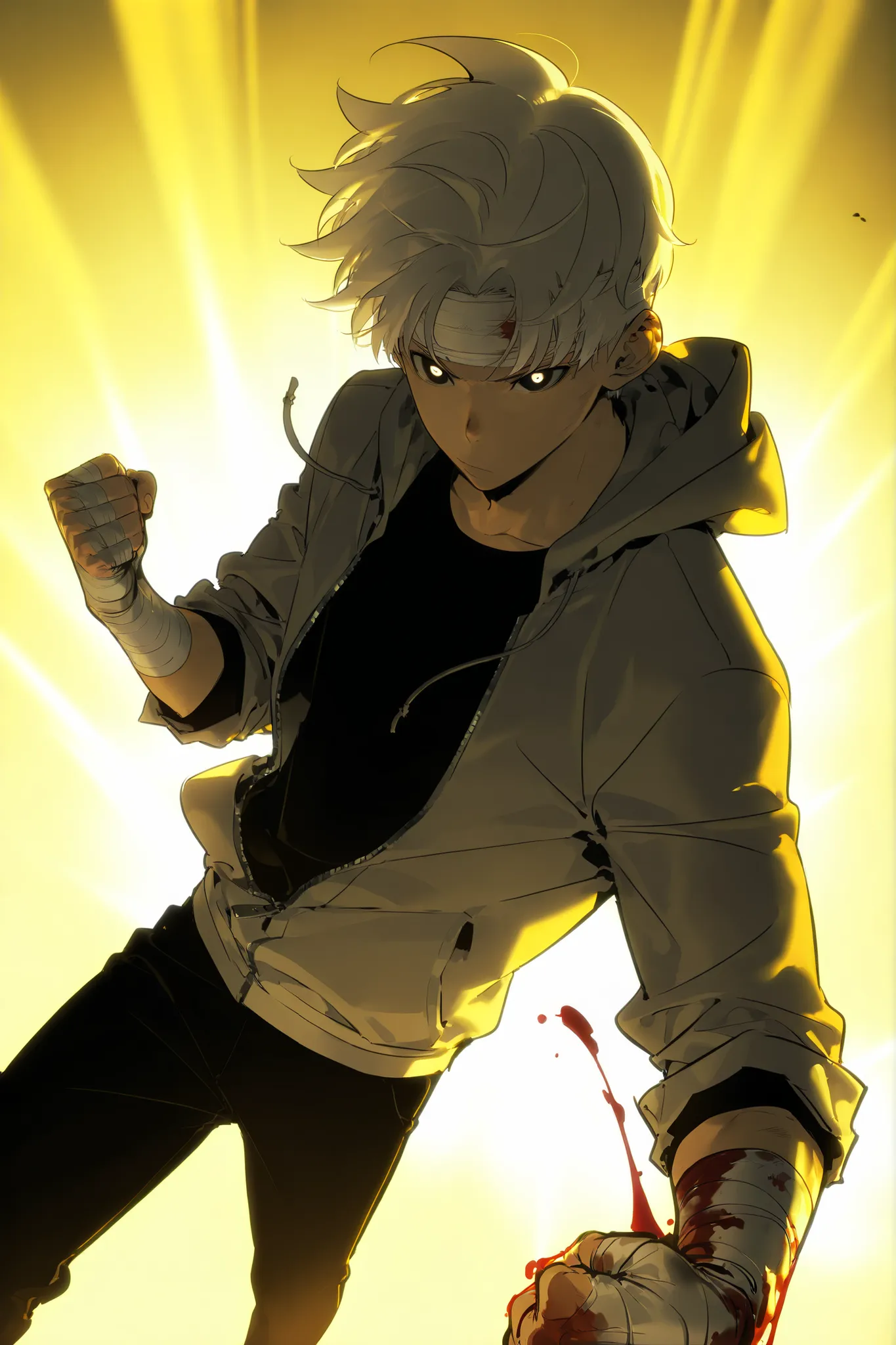 Handsome, Athletic, alone, male, Short spicky hair, long white hair, black orange eye, black shirt, white orange and black unzipped hoodie with rolled up sleeves, black pants, , intricate sketch, expressive eyes nose and mouth, simple pose, clench fist, bl...