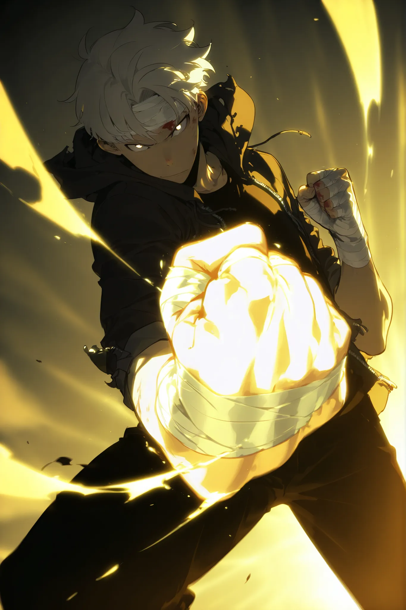 Handsome, Athletic, alone, male, Short spicky hair, long white hair, black orange eye, black shirt, white orange and black unzipped hoodie with rolled up sleeves, black pants, , intricate sketch, expressive eyes nose and mouth, simple pose, clench fist, bl...