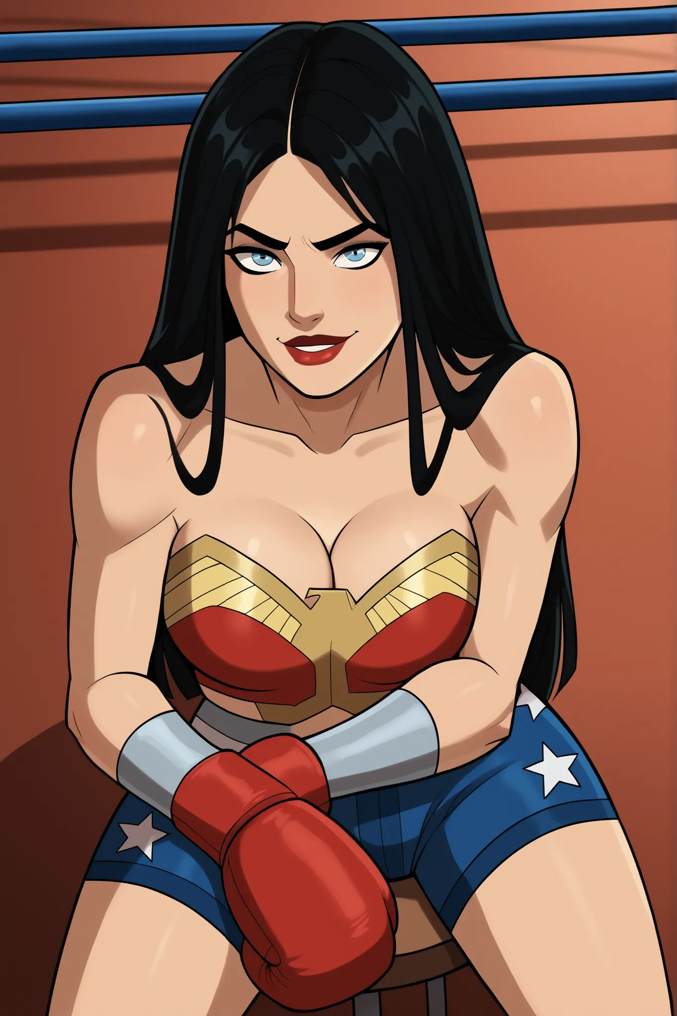 safe_pos, score_9, score_8_up, score_7_up, score_6_up, BREAK, solo, 1girl, wonderwoman, long hair, black hair, blue eyes, large breasts, cleavage, curvy, athletic, smile, bedroom eyes, happy expression, looking at viewer, wide hips, lipstick, makeup, tople...