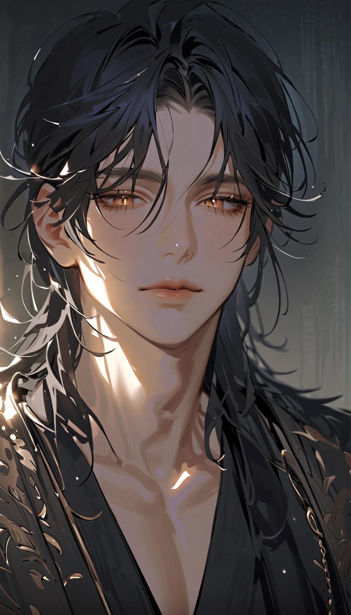 "A hyper-detailed, ultra-high-resolution anime-style portrait of a mature, rogue-like man with a dangerous charm. He has slightly tousled, jet-black hair with silvery streaks, catching light in soft, shimmering highlights. His hair falls in rough, layered ...