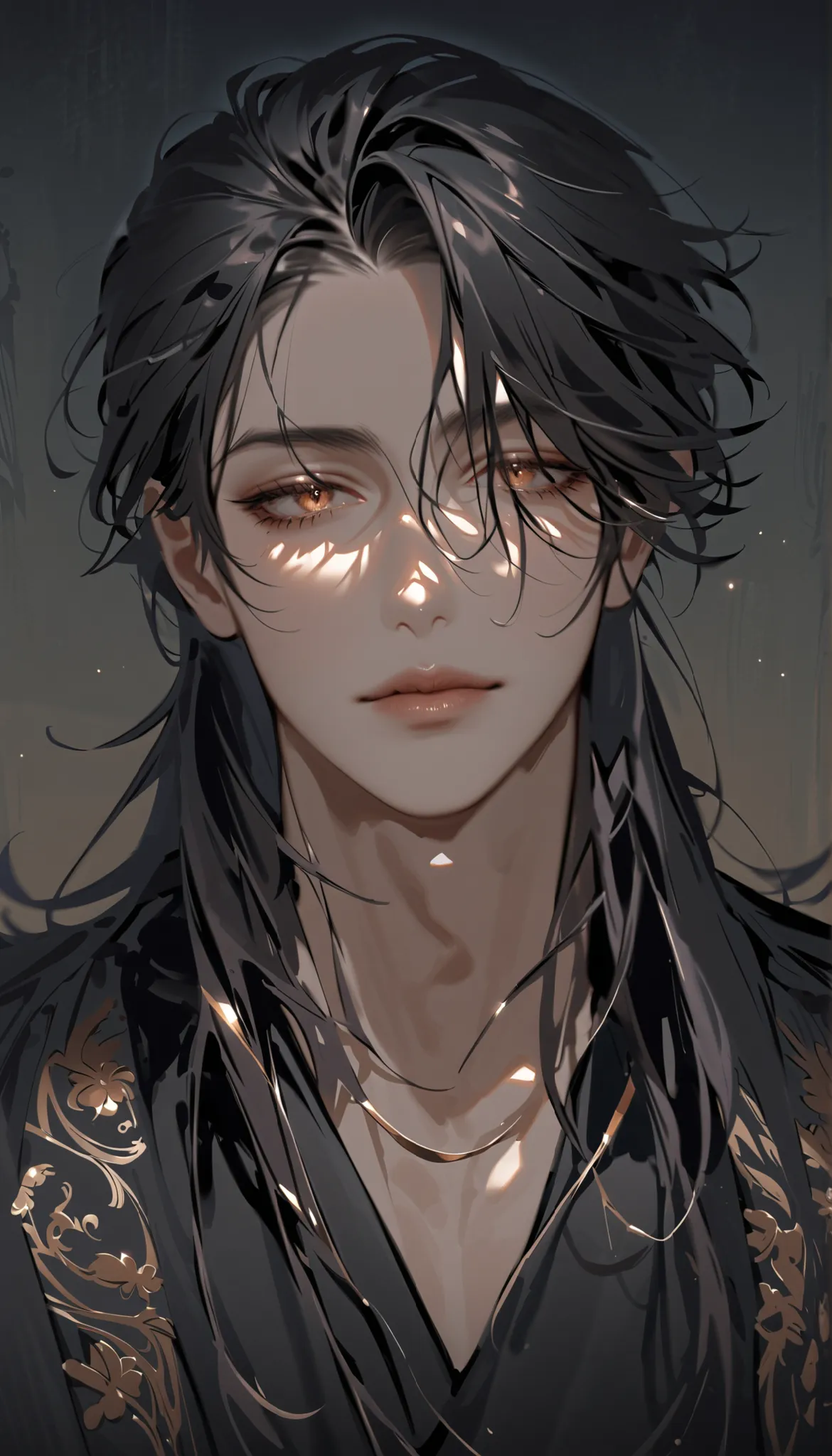 "A hyper-detailed, ultra-high-resolution anime-style portrait of a mature, rogue-like man with a dangerous charm. He has slightly tousled, jet-black hair with silvery streaks, catching light in soft, shimmering highlights. His hair falls in rough, layered ...