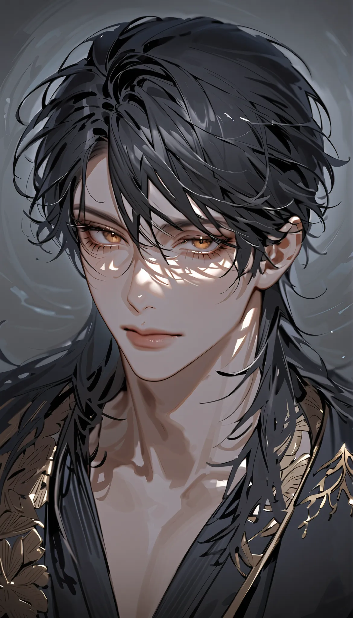 "A hyper-detailed, ultra-high-resolution anime-style portrait of a mature, rogue-like man with a dangerous charm. He has slightly tousled, jet-black hair with silvery streaks, catching light in soft, shimmering highlights. His hair falls in rough, layered ...