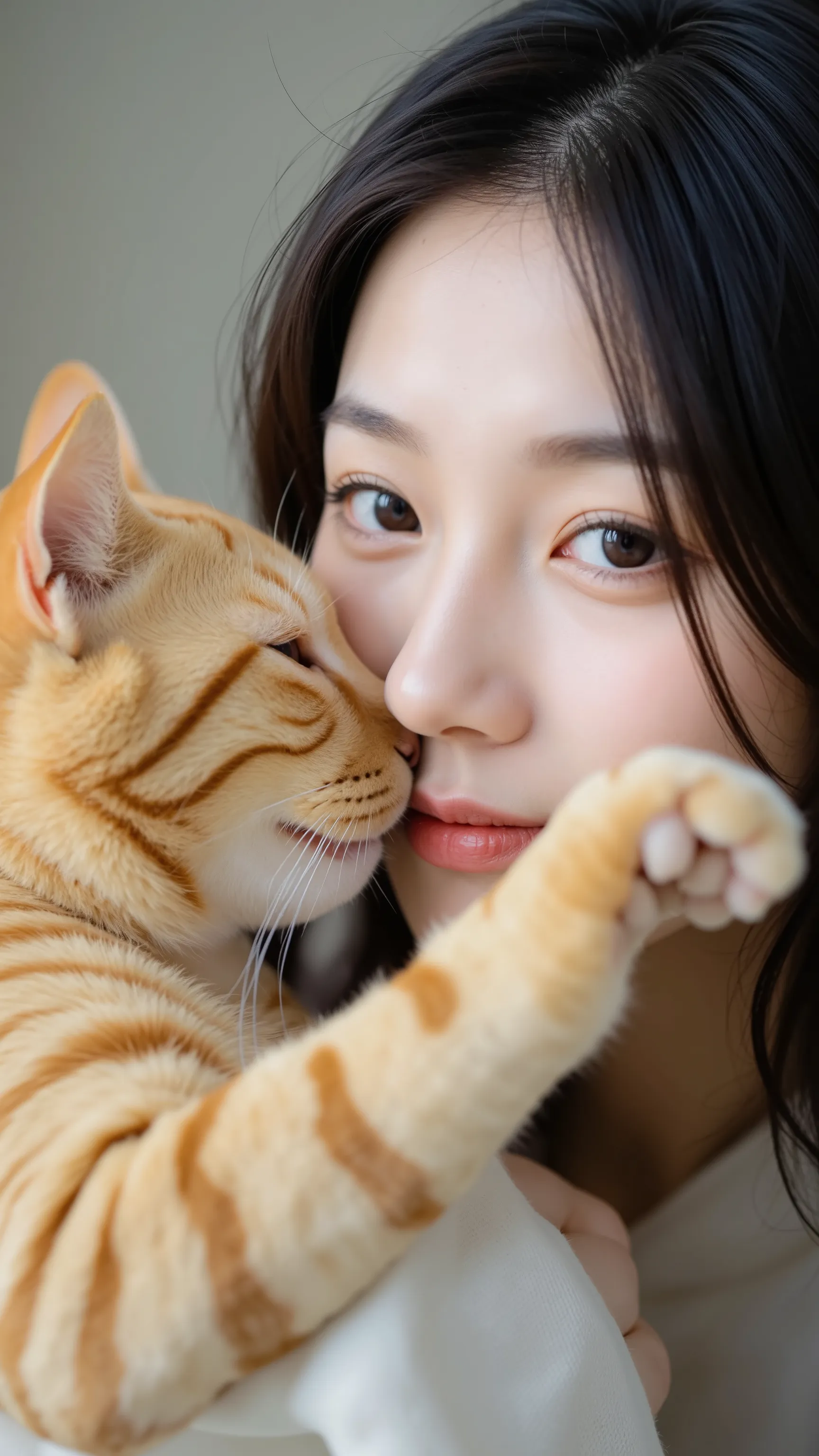 The close-up photo shows、captures the face of a happy Japanese woman receiving a playful punch from the orange tiger cat's forefoot. The woman has dark hair and 、against a soft background, Blurry neutral background. the cat's outstretched legs directly tou...