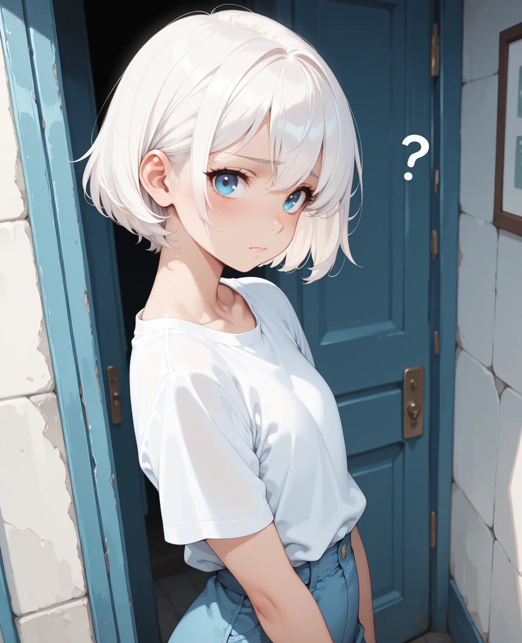 1girl, young woman, beautiful woman, 4K,masterpiece,SFW,girl,blue eyes,white hair,short hair, light blush, sad face, questioning face, standing, leaning sideways, looking at viewer