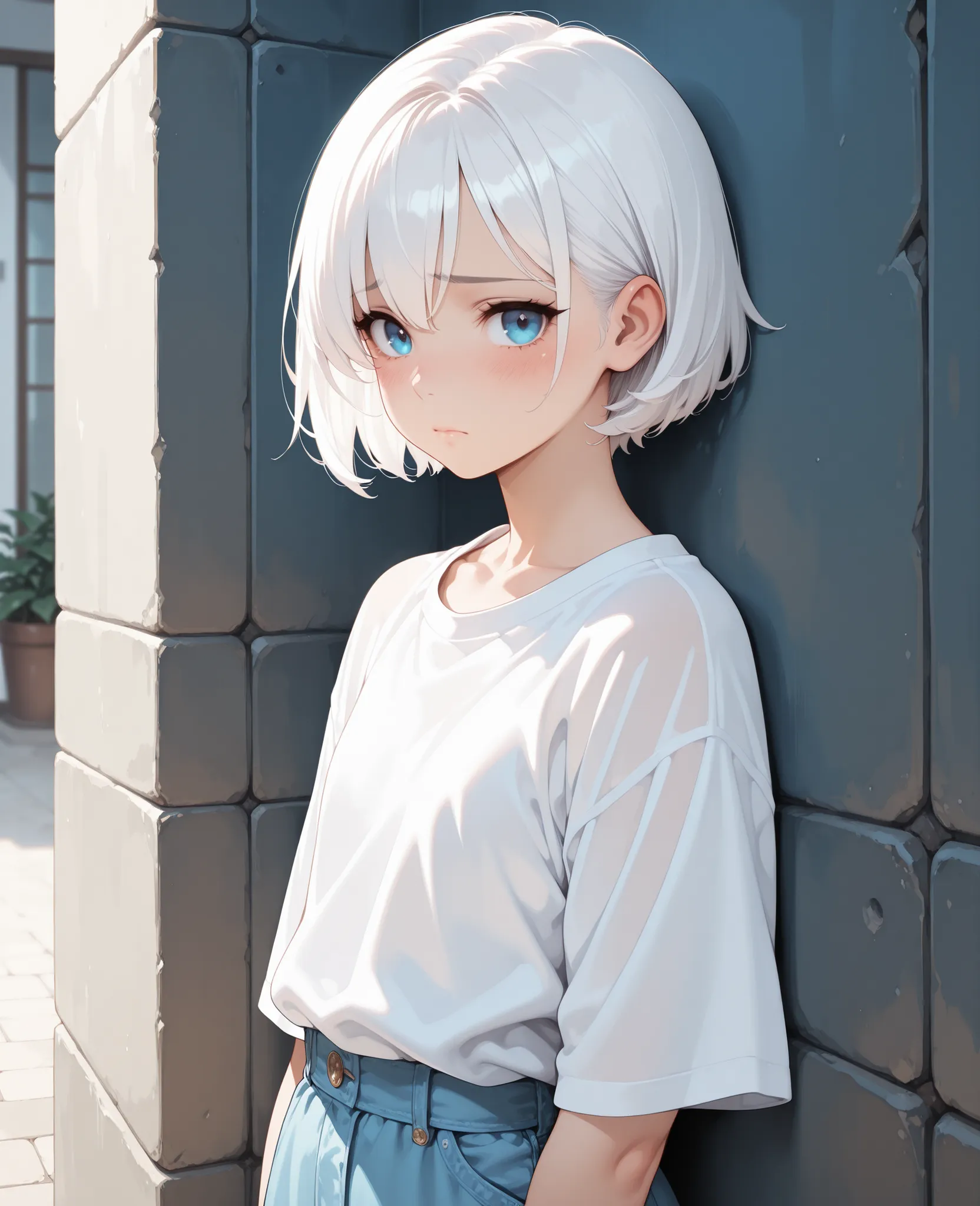 1girl, young woman, beautiful woman, 4K,masterpiece,SFW,girl,blue eyes,white hair,short hair, light blush, sad face, standing, leaning against wall, leaning sideways, looking at viewer
