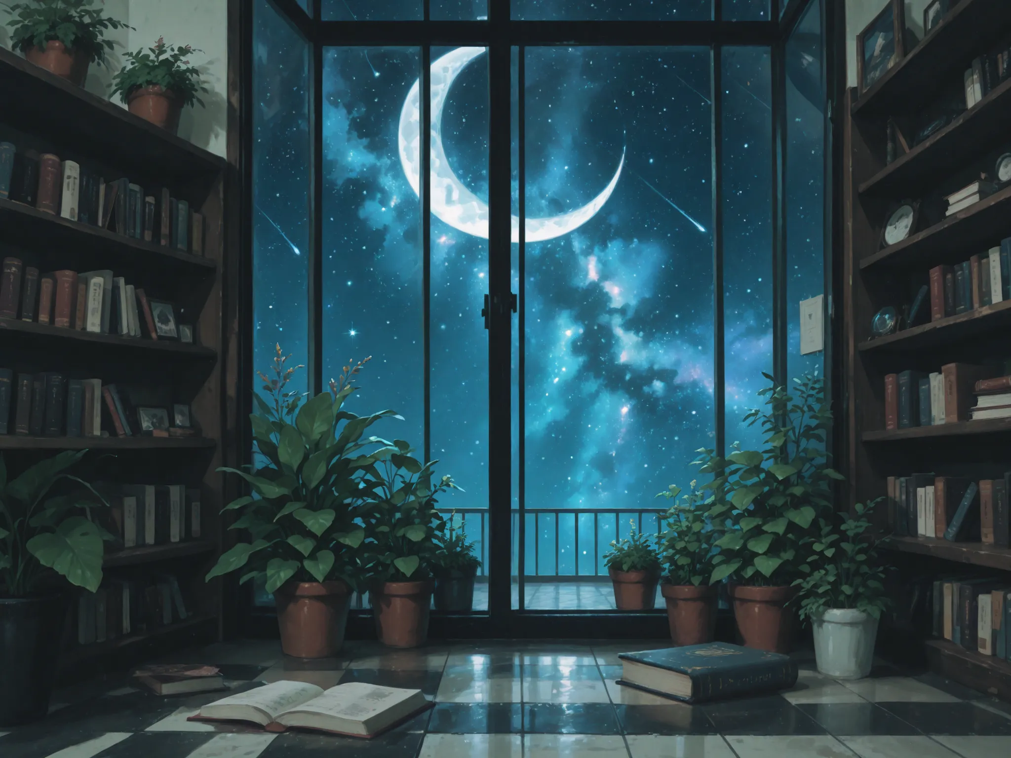 Adds an air of mystery and tranquility to the space, Magical Library. You can see the starry sky, well-worn books, There are lots of 、setting. A whimsical and enchanting eerie scene exudes a playful warmth to this cozy, rich, 緑richオアシス. Reminiscent of the ...