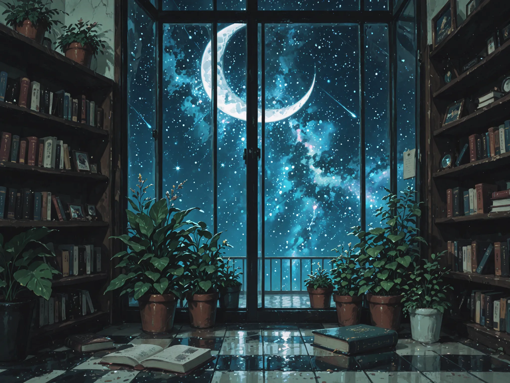 Adds an air of mystery and tranquility to the space, Magical Library. You can see the starry sky, well-worn books, There are lots of 、setting. A whimsical and enchanting eerie scene exudes a playful warmth to this cozy, rich, 緑richオアシス. Reminiscent of the ...