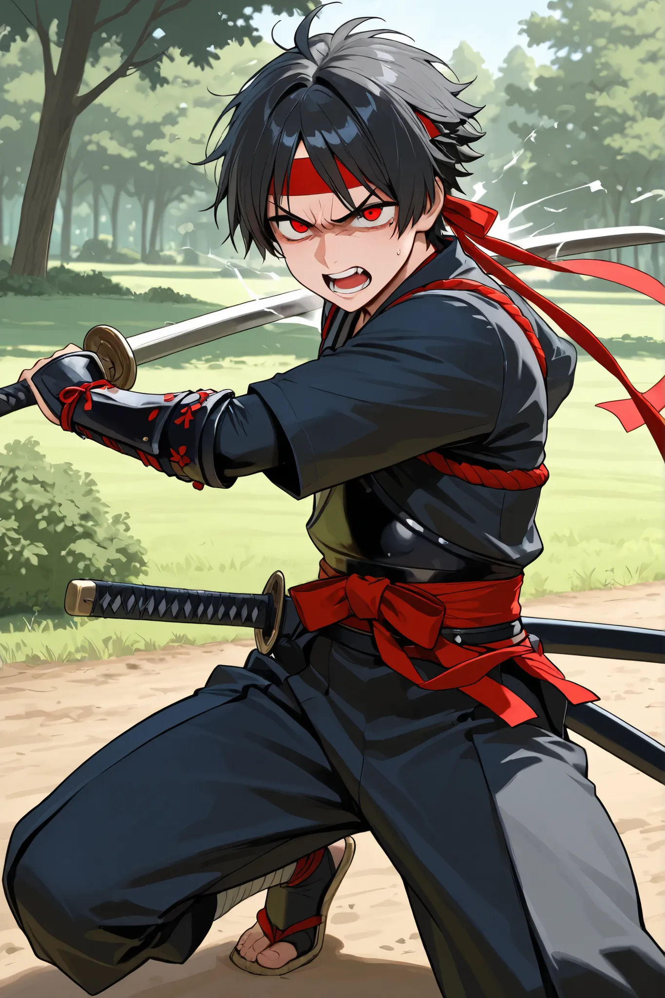 Sexy samurai warrior with tied black hair with red eyes, in attack position with an angry expression on a field with trees and shrubs