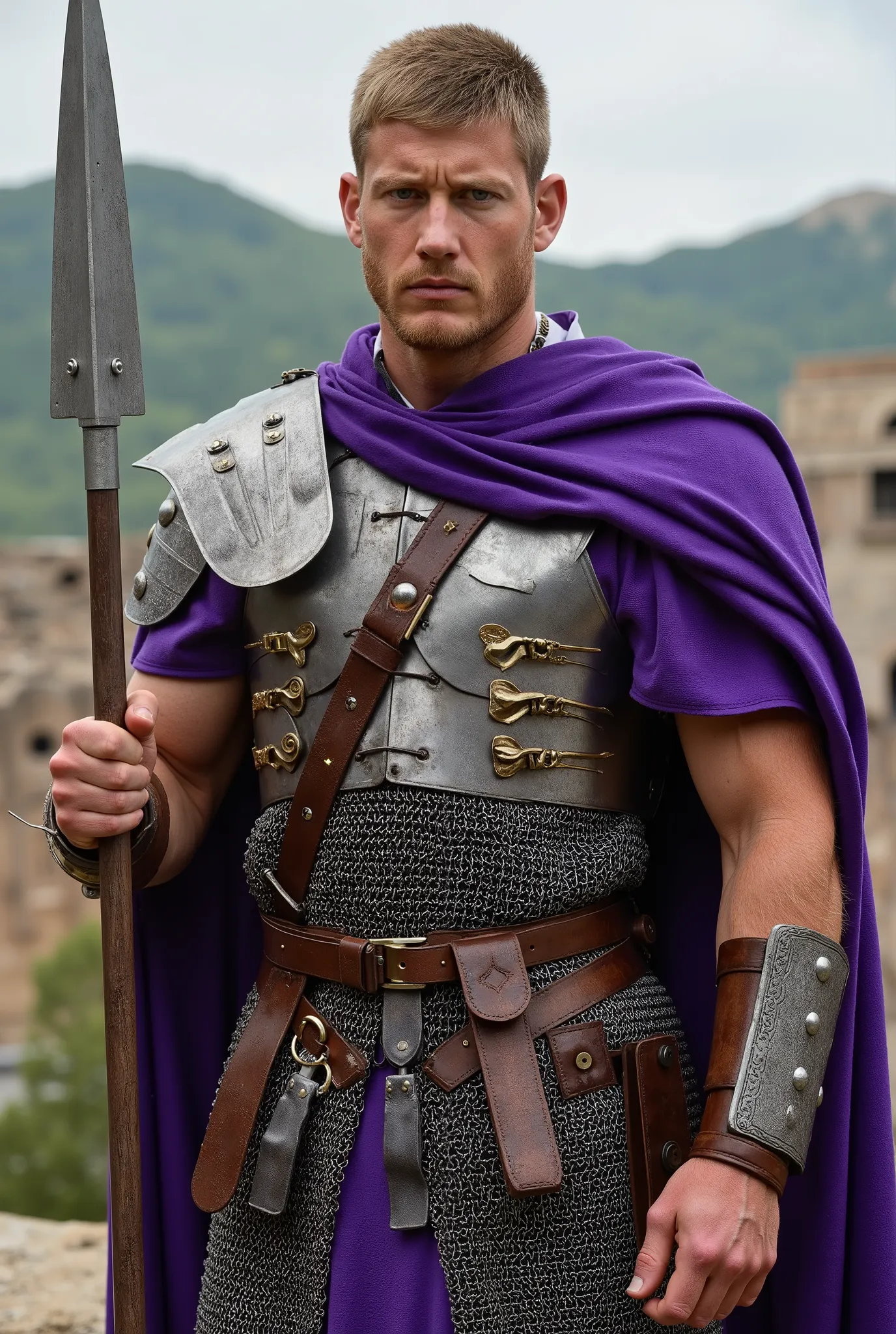Young adult, Man, Celtic-Roman armor, Short roman dirty blonde hair, blue eyes, muscular body, Mix Celtic-Roman Armor, Beautiful, holding a Silver Roman Spear, Purple cape, realistic, high quality, better resolution, Slim but fit muscular, Ancient Rome Bac...