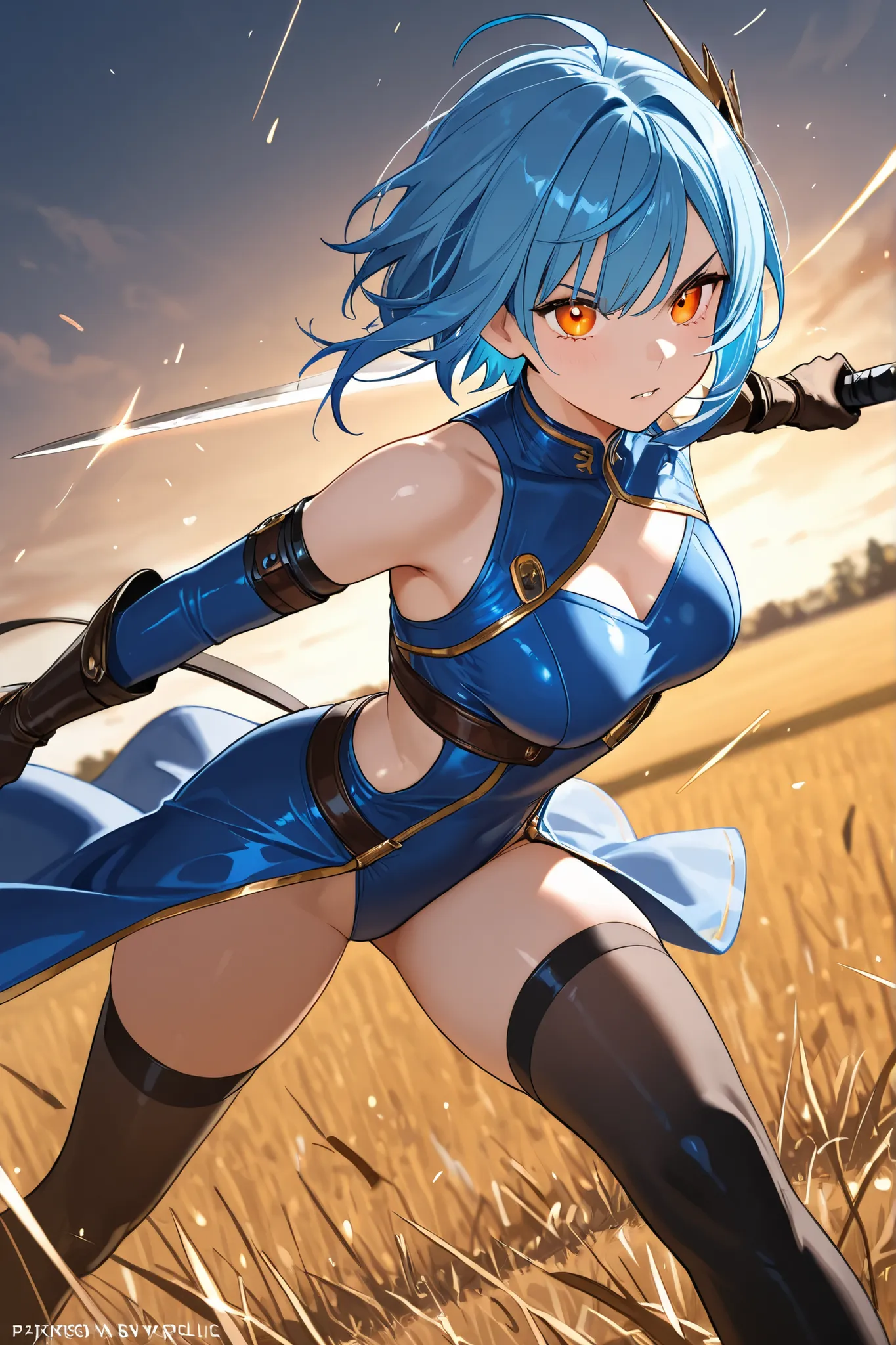 Sexy ballistic warrior with short blue hair and orange eyes, Attacking on a field