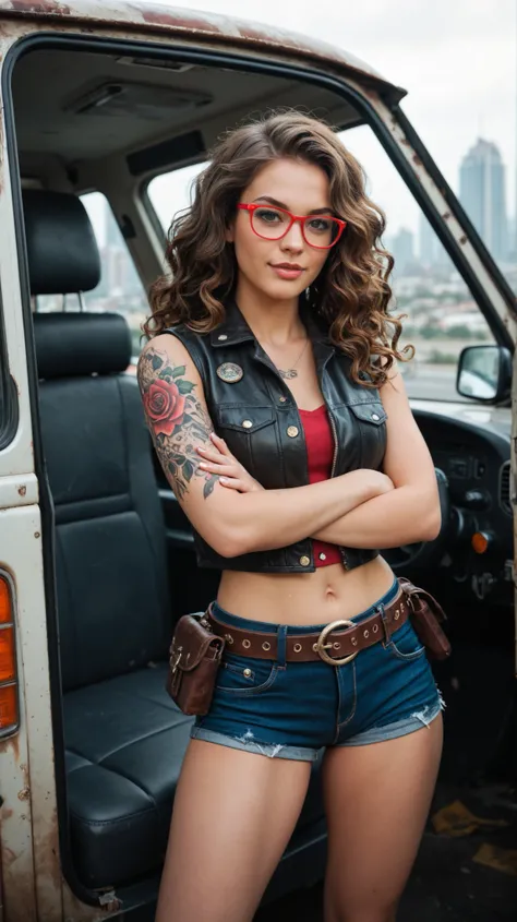 A confident young woman with long black wavy hair, wearing red glasses and a sleeveless brown cropped leather vest, stands in front of an old van in a post-apocalyptic cityscape with ruined buildings. Her arms are crossed, displaying full sleeve tattoos of...