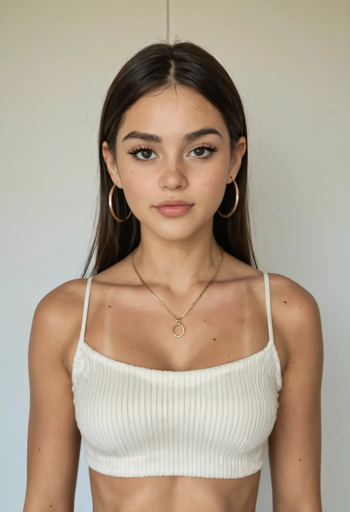 A young woman with striking and exotic beauty. Golden tan skin with a natural glow and smooth texture. Symmetrical face with soft, feminine features. Full, well-defined lips with a subtle glossy finish. Large, dark eyes with long, curled eyelashes and well...