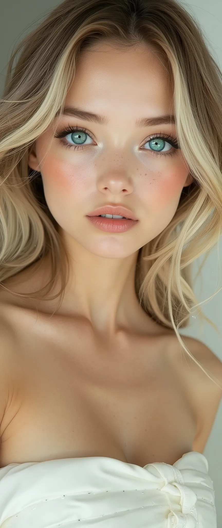1woman, innocent looks, perfect facial features, golden ratio, fair skin, long hairs, two toned hairs, turquoise color eyes, visible eyelashes, silver eyeshadows, indigo lips, matte lips, natural blush, wearing an ivory strapless tube dress, sexy pose,