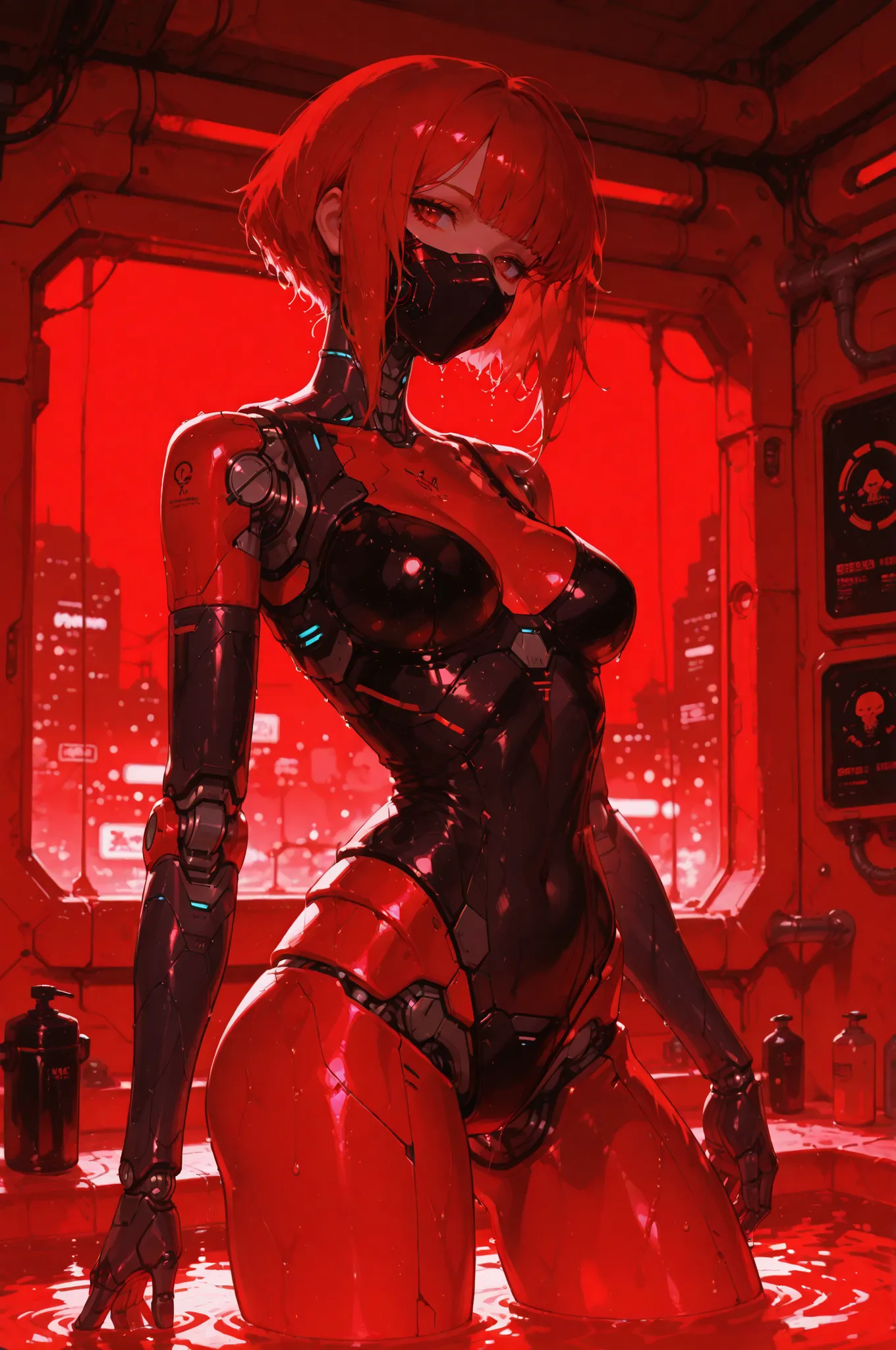 masterpiece, best quality, good quality, very aesthetic, absurdres, newest, 8K, depth of field, focused subject,
in the style of ckncore, 1girl, dark mask, solo, breasts, mask, joints, robot joints, cyborg, cyberpunk, wet, mechanical arms, red theme