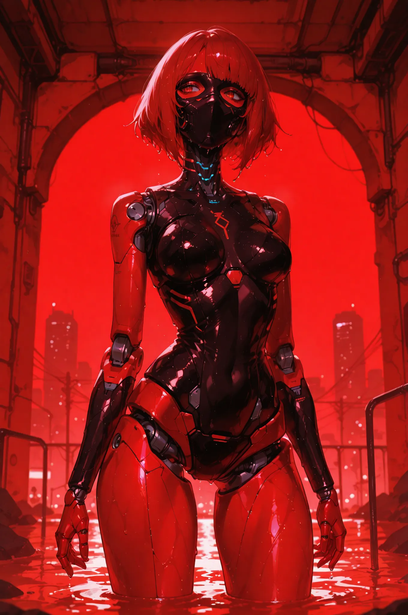masterpiece, best quality, good quality, very aesthetic, absurdres, newest, 8K, depth of field, focused subject,
in the style of ckncore, 1girl, dark mask, solo, breasts, mask, joints, robot joints, cyborg, cyberpunk, wet, mechanical arms, red theme