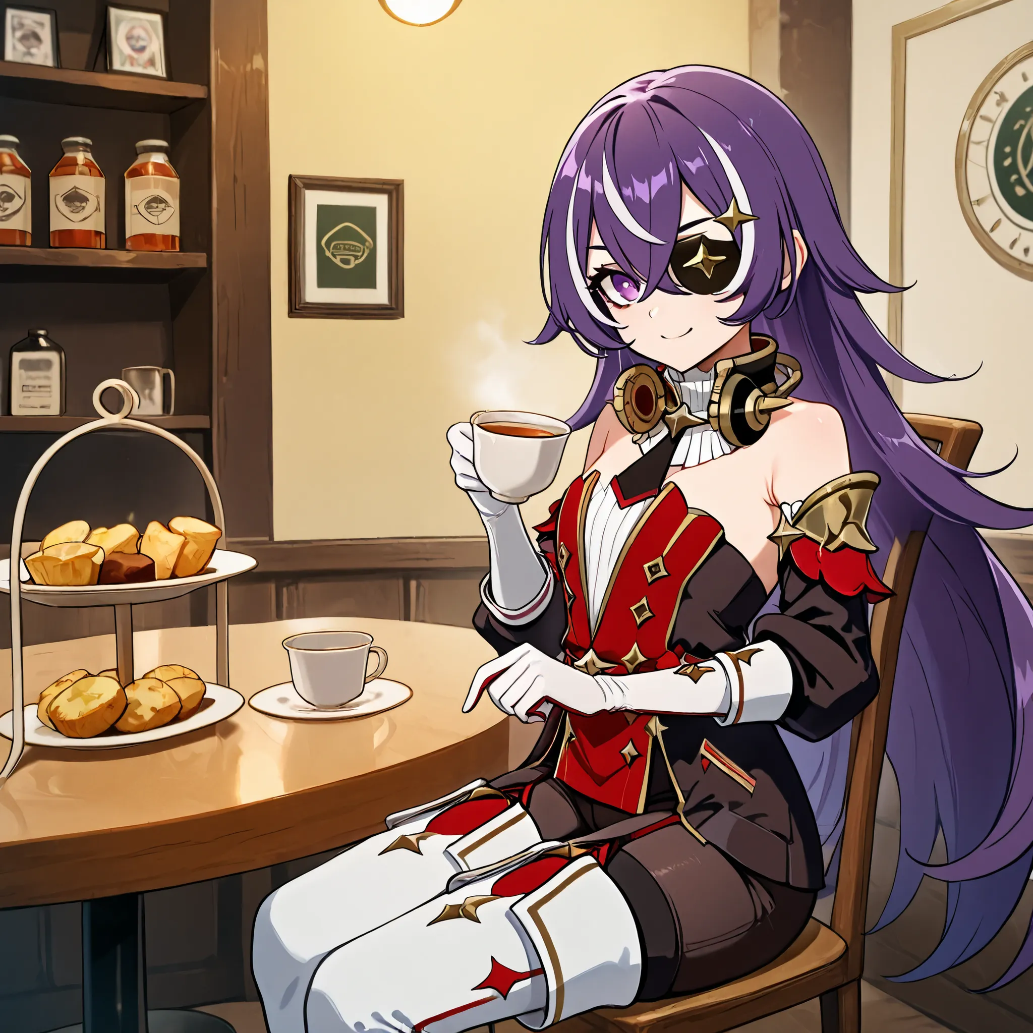masterpiece, top quality, solo, Curvy, BEAUTIFUL EYES,, zzChevreuse, PURPLE EYES, hair between the eyes, Long Hair, multicolored hair, purple hair, striped hair, white hair, has, earmuffs, eye patch, bare shoulders, Gold trim, 黒 butt under pants, butt unde...