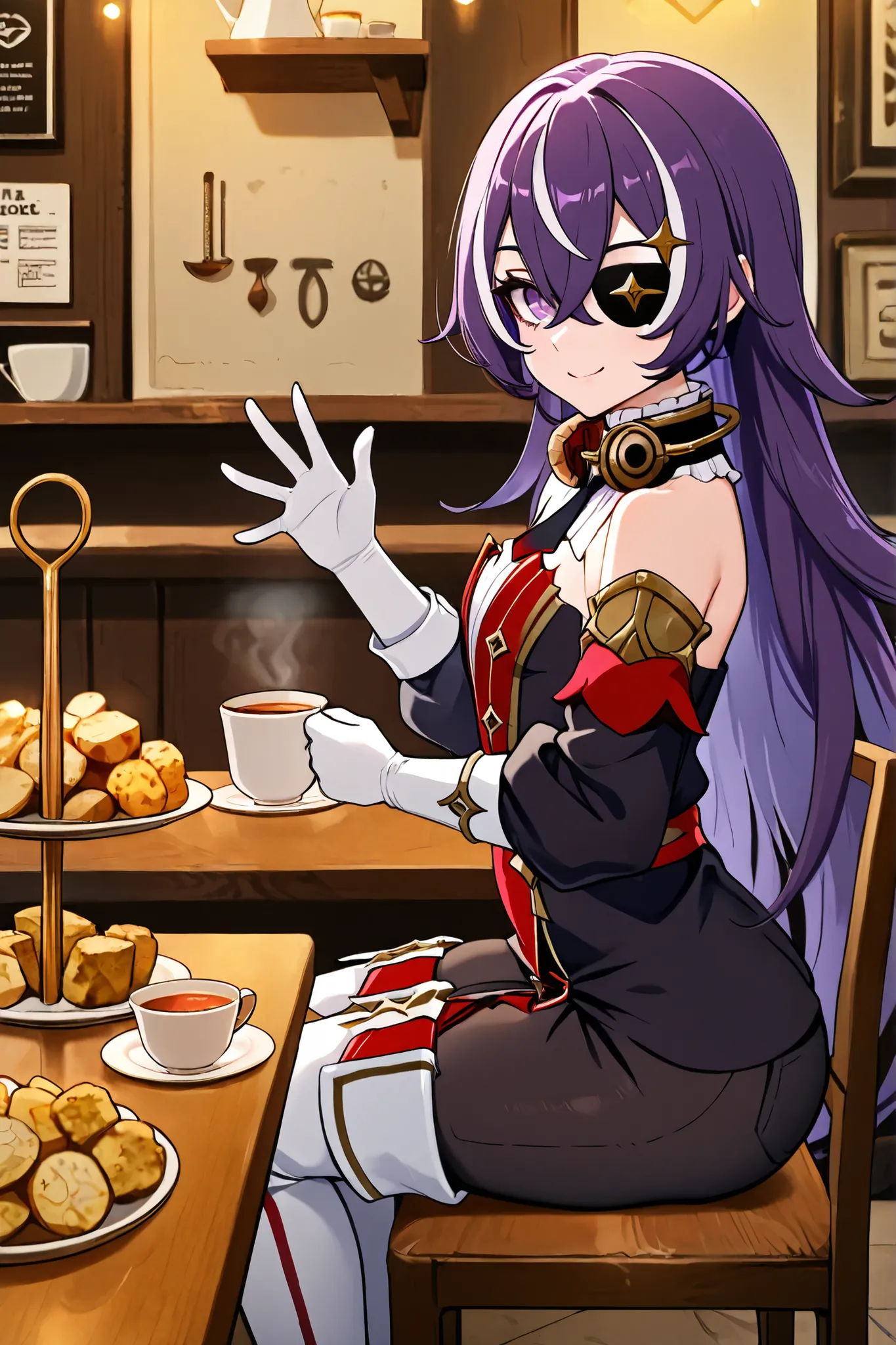 masterpiece, top quality, solo, Curvy, BEAUTIFUL EYES,, zzChevreuse, PURPLE EYES, hair between the eyes, Long Hair, multicolored hair, purple hair, striped hair, white hair, has, earmuffs, eye patch, bare shoulders, Gold trim, 黒 butt under pants, butt unde...
