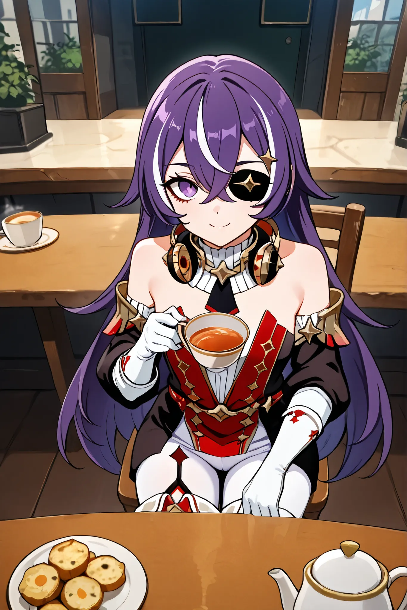 masterpiece, top quality, solo, Curvy, BEAUTIFUL EYES,, zzChevreuse, PURPLE EYES, hair between the eyes, Long Hair, multicolored hair, purple hair, striped hair, white hair, has, earmuffs, eye patch, bare shoulders, Gold trim, 黒 butt under pants, butt unde...