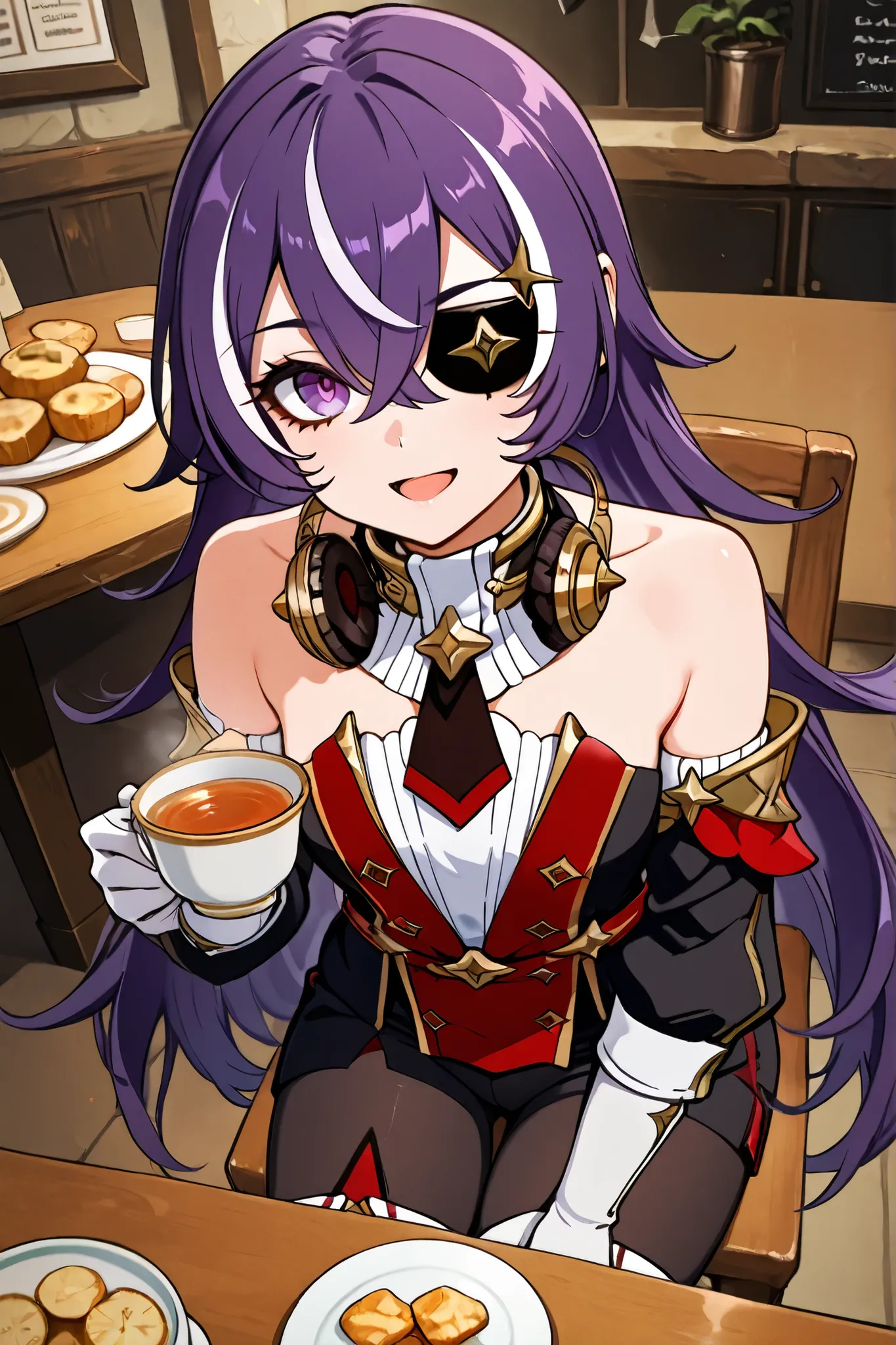 masterpiece, top quality, solo, Curvy, BEAUTIFUL EYES,, zzChevreuse, PURPLE EYES, hair between the eyes, Long Hair, multicolored hair, purple hair, striped hair, white hair, has, earmuffs, eye patch, bare shoulders, Gold trim, 黒 butt under pants, butt unde...