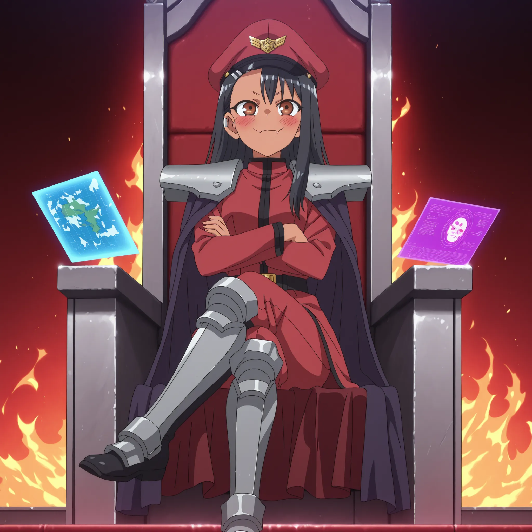 Masterpiece, better quality, very aesthetic, 1girl, Alone,  anime screenshot, anime coloring, 
nagatoro hayase, brown eyes, dark-skinned woman, tan, black hair, Forklifts, clip para la oreja, hair ornament, long hair,  skin fang , 
peaked cap, jacket, Paul...