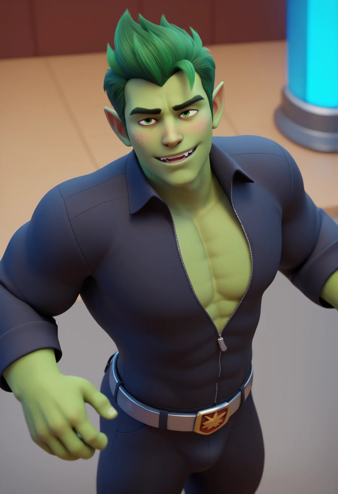 "A 3D animated style depiction of Beast Boy from  Titans. He is standing confidently with a playful smirk, his green skin and short messy dark green hair vibrant and expressive. He wears his classic purple and black jumpsuit with a silver belt and gloves. ...