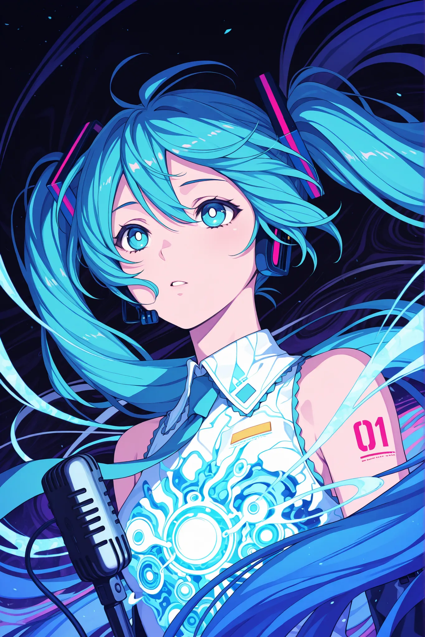 1girl, hatsune miku, white pupils, power elements, microphone, vibrant blue color palette, abstract,abstract background, dreamlike atmosphere, delicate linework, wind-swept hair, energy
,masterpiece,best quality,amazing quality,