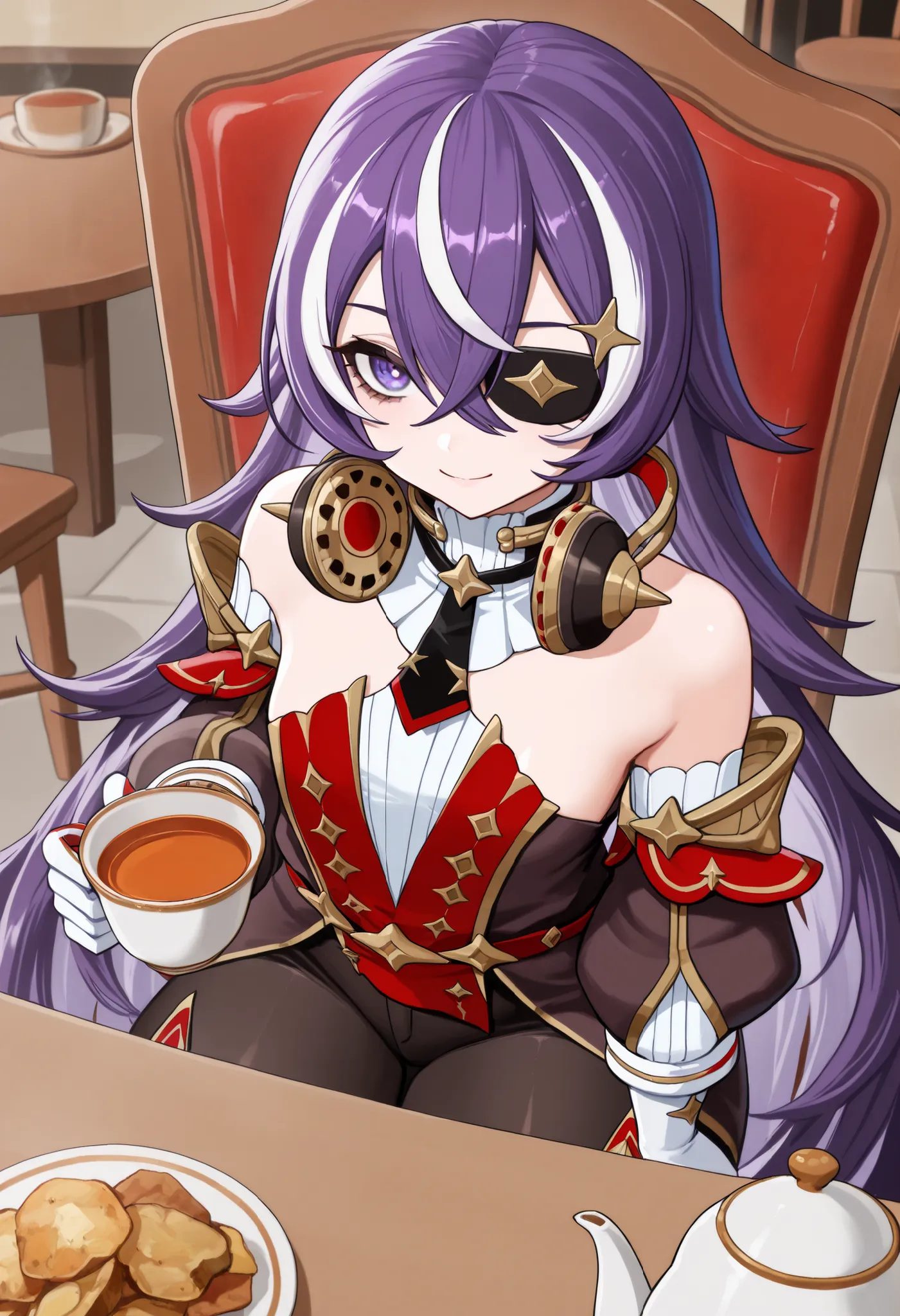 masterpiece, top quality, solo, Curvy,, zzChevreuse, PURPLE EYES, hair between the eyes, Long Hair, multicolored hair, purple hair, striped hair, white hair, has, earmuffs, eye patch, bare shoulders, Gold trim, 黒 butt under pants, butt under pants, Puff Sl...