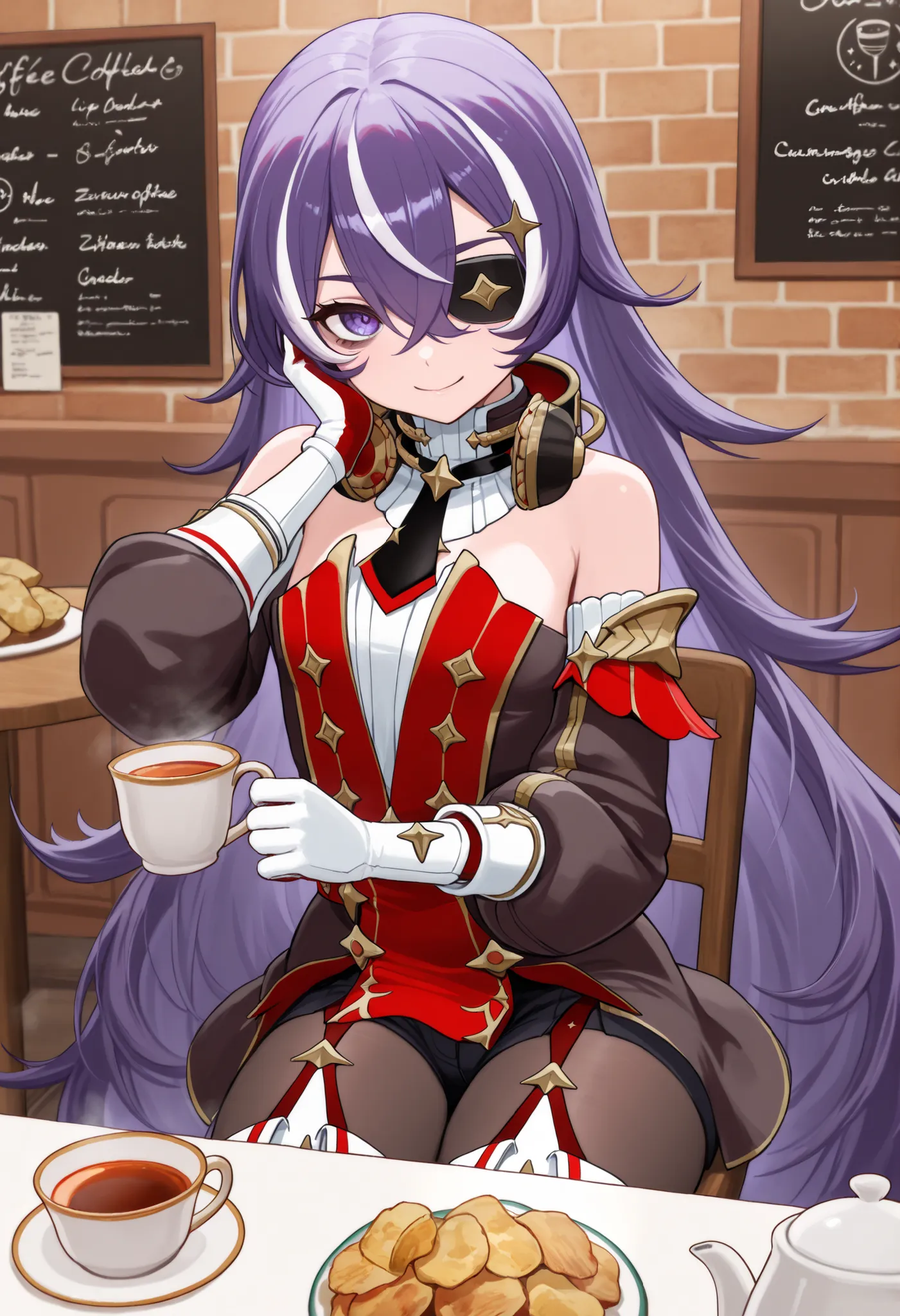 masterpiece, top quality, solo, Curvy,, zzChevreuse, PURPLE EYES, hair between the eyes, Long Hair, multicolored hair, purple hair, striped hair, white hair, has, earmuffs, eye patch, bare shoulders, Gold trim, 黒 butt under pants, butt under pants, Puff Sl...