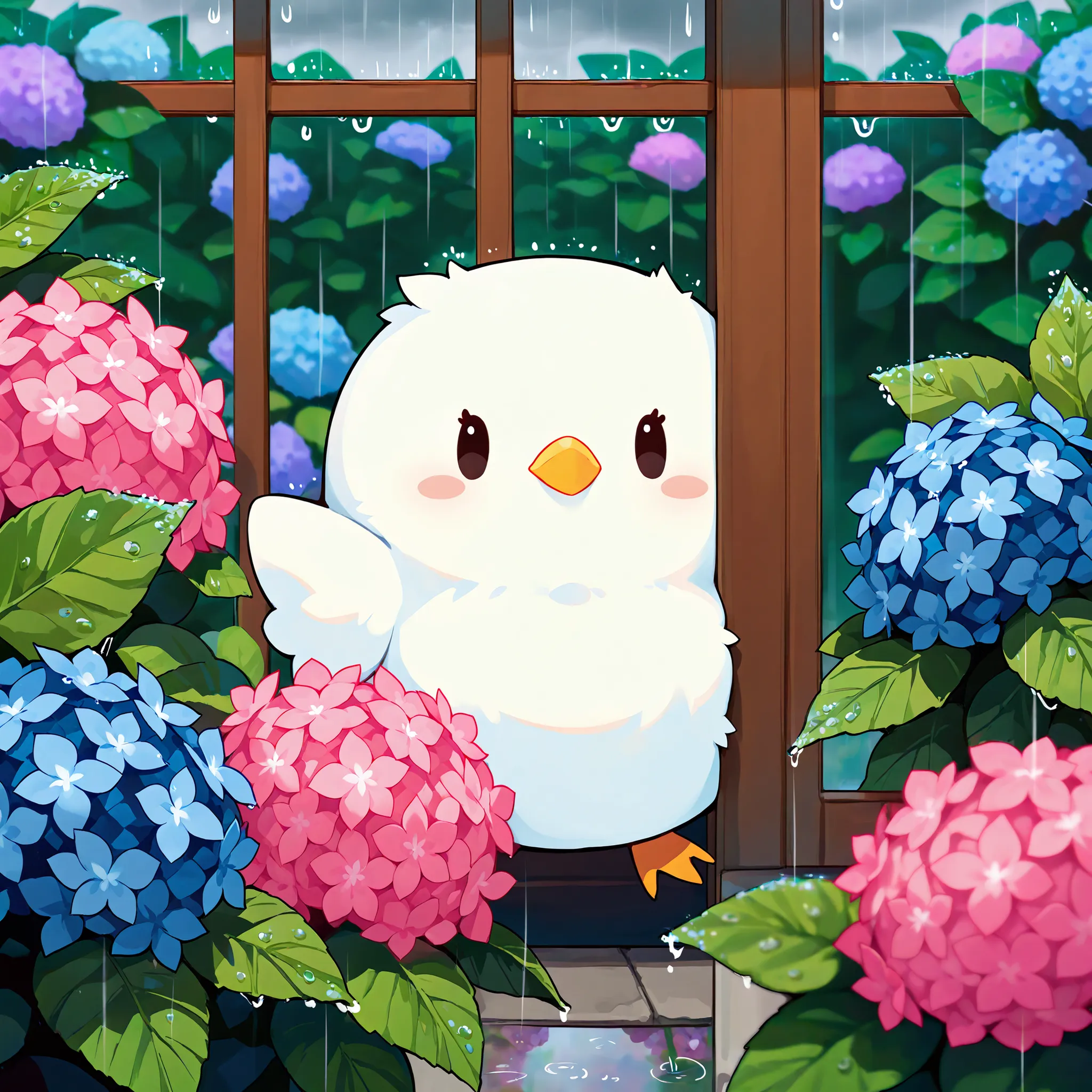 Masterpiece,Best quality, ultra detailed,Japanese Anime style, (pure white sparrow mascot) , round body, fluffy body,simple face, cute appearance,(Peeking out from inside the hydrangea flower, Hiding inside the hydrangea flower), Rain, Outdoors, Hydrangea ...