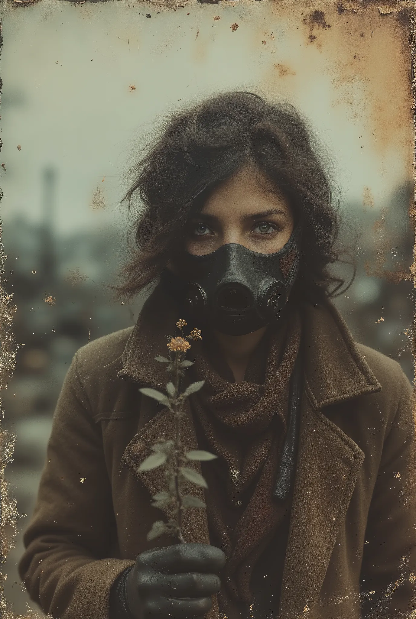 Very low-angle view, a girl wearing a gas mask and a thick, long jacket, old leather gloves, holding a dried flower, a desolate apocalyptic landscape in the blurred background, worn image edges, high-quality wallpaper, very detailed,