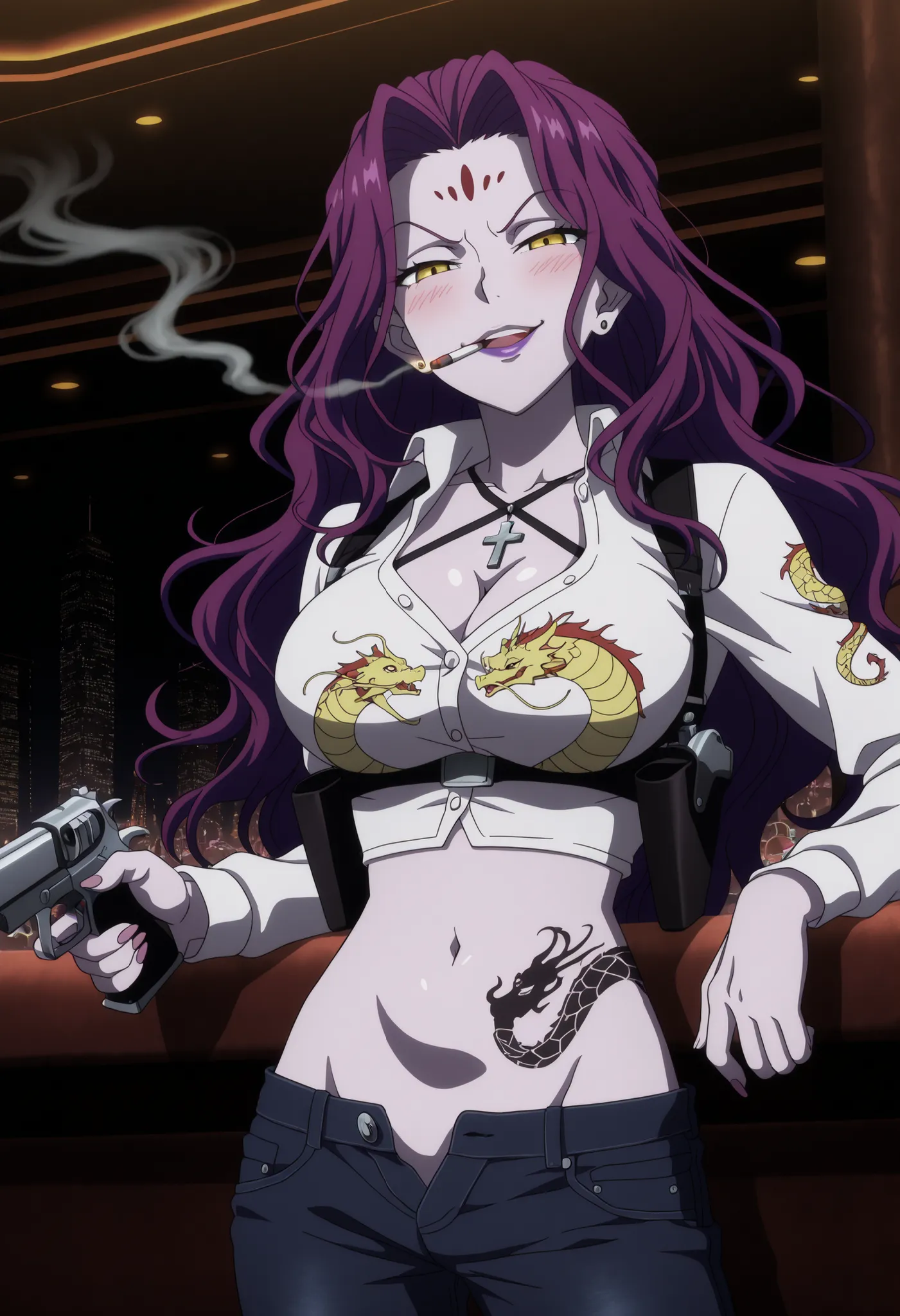1girl,solo,mm,long hair,purple hair,facial mark,lipstick,yellow eyes,,anime coloring, parted lips, 
 ear piercing, long hair, blush, lipstick,Hot girl, baddie, smoking, sensual, attractive , cross necklace, bar background, inside bar, indoors, cityscape, c...