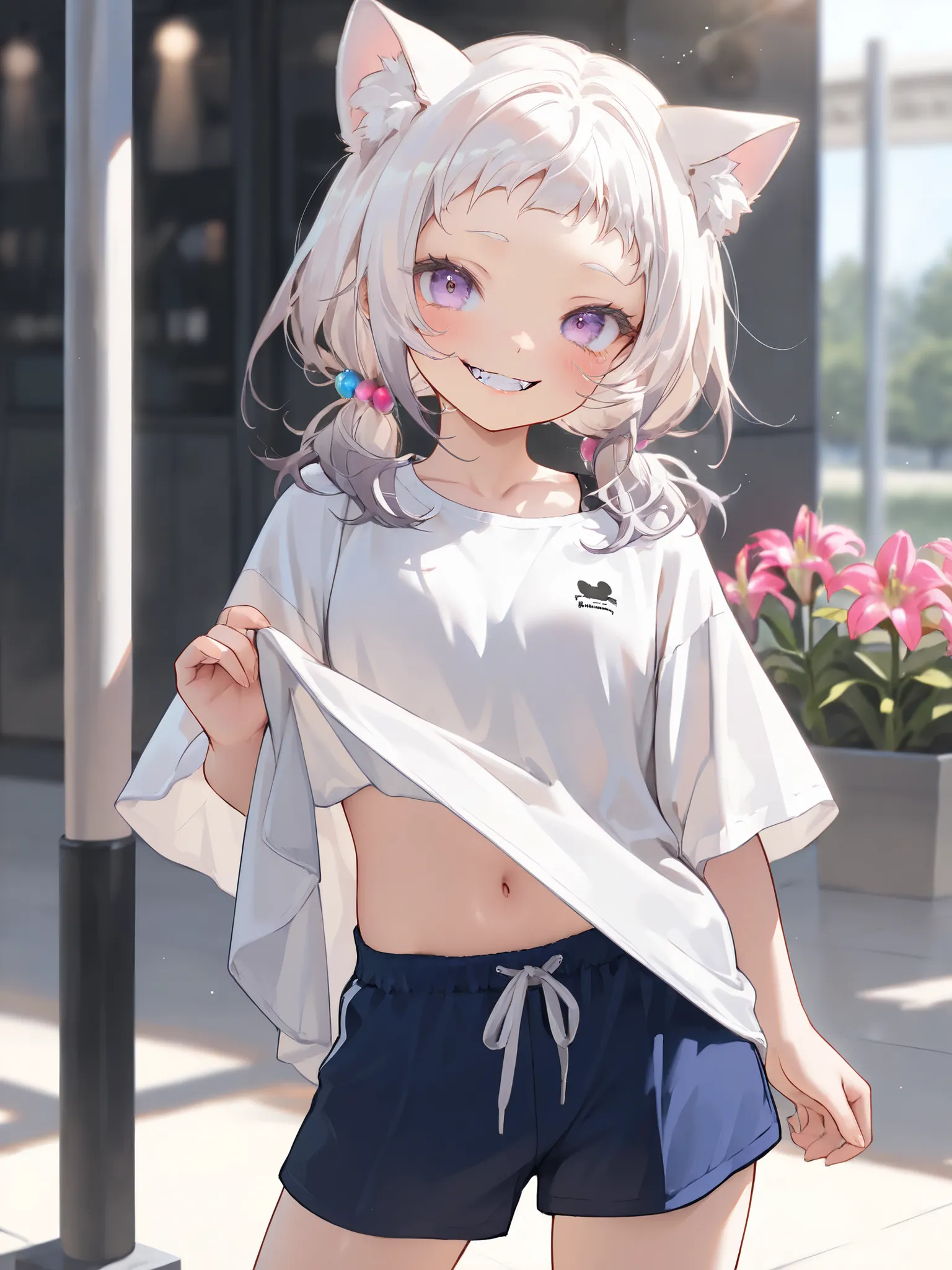 ((Masterpiece)), ((best quality, very aesthetic, absurdres, newest)), (wide shot), (8K), (cinematic lighting), ((1girl)), (cute young girl), (Healthy body, Textured skin, small breast, tilt head), ((platinum-gold hair)), Textured skin, (thin T-shirt, shirt...