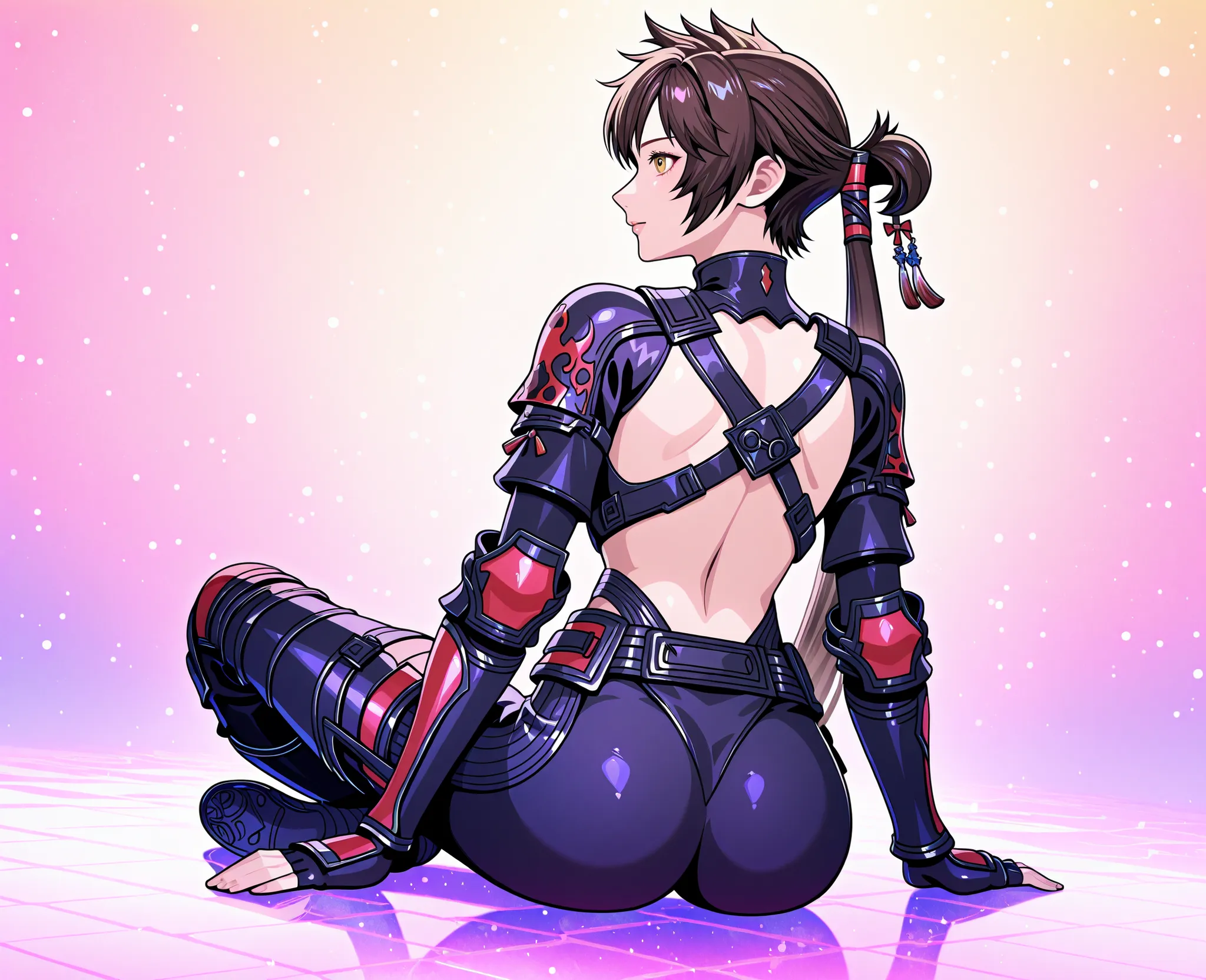 Hyperrealist cute hot girl sitting with her back showing her ass in a hyperrealist ninja techwear printed in a wallpaper, (((Final Fantasy aesthetic style))), fully bright & colorful, in 4k definition, digital art, Lora, art style, Illustration, artístic s...